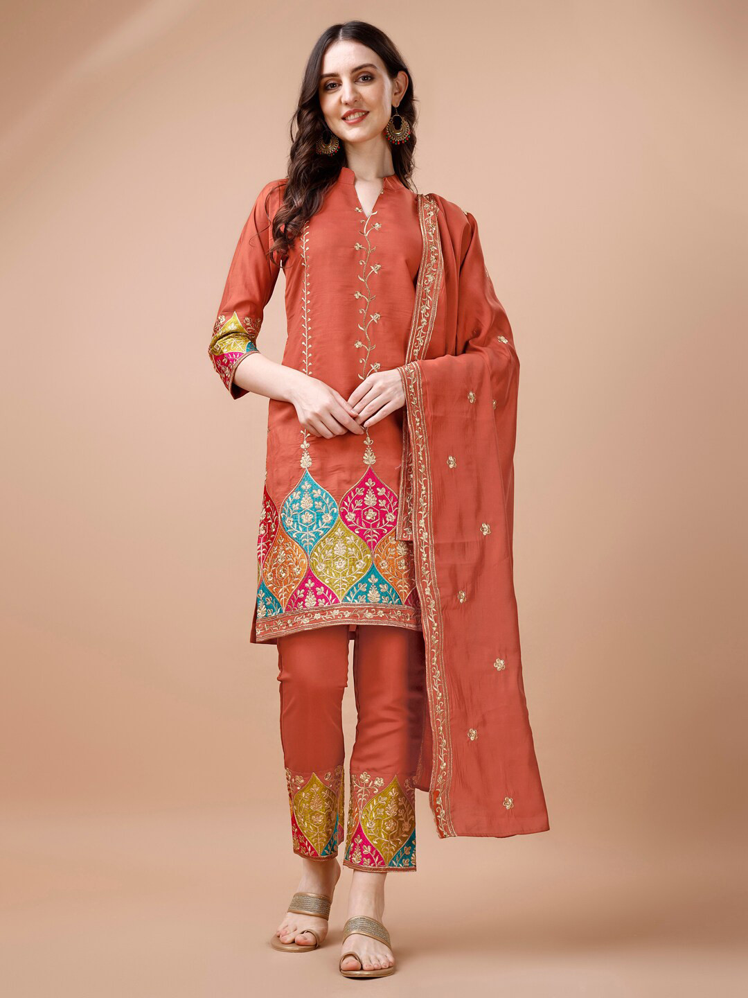 KALINI Ethnic Embroidered Mandarin Collar Zari Sequined Kurta with Trousers & Dupatta, Rust
KALINI Ethnic Embroidered Mandarin Collar Zari Sequined Kurta with Trousers & Dupatta, Rust