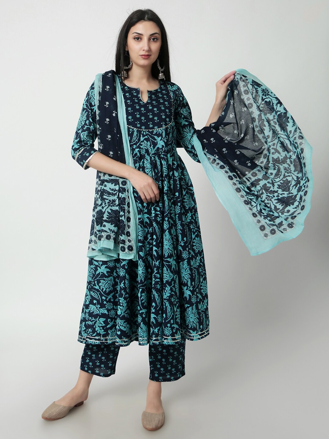 KALINI Floral Printed Gotta Patti Pure Cotton Anarkali Kurta With Palazzos & Dupatta, Blue
KALINI Floral Printed Gotta Patti Pure Cotton Anarkali Kurta With Palazzos & Dupatta, Blue