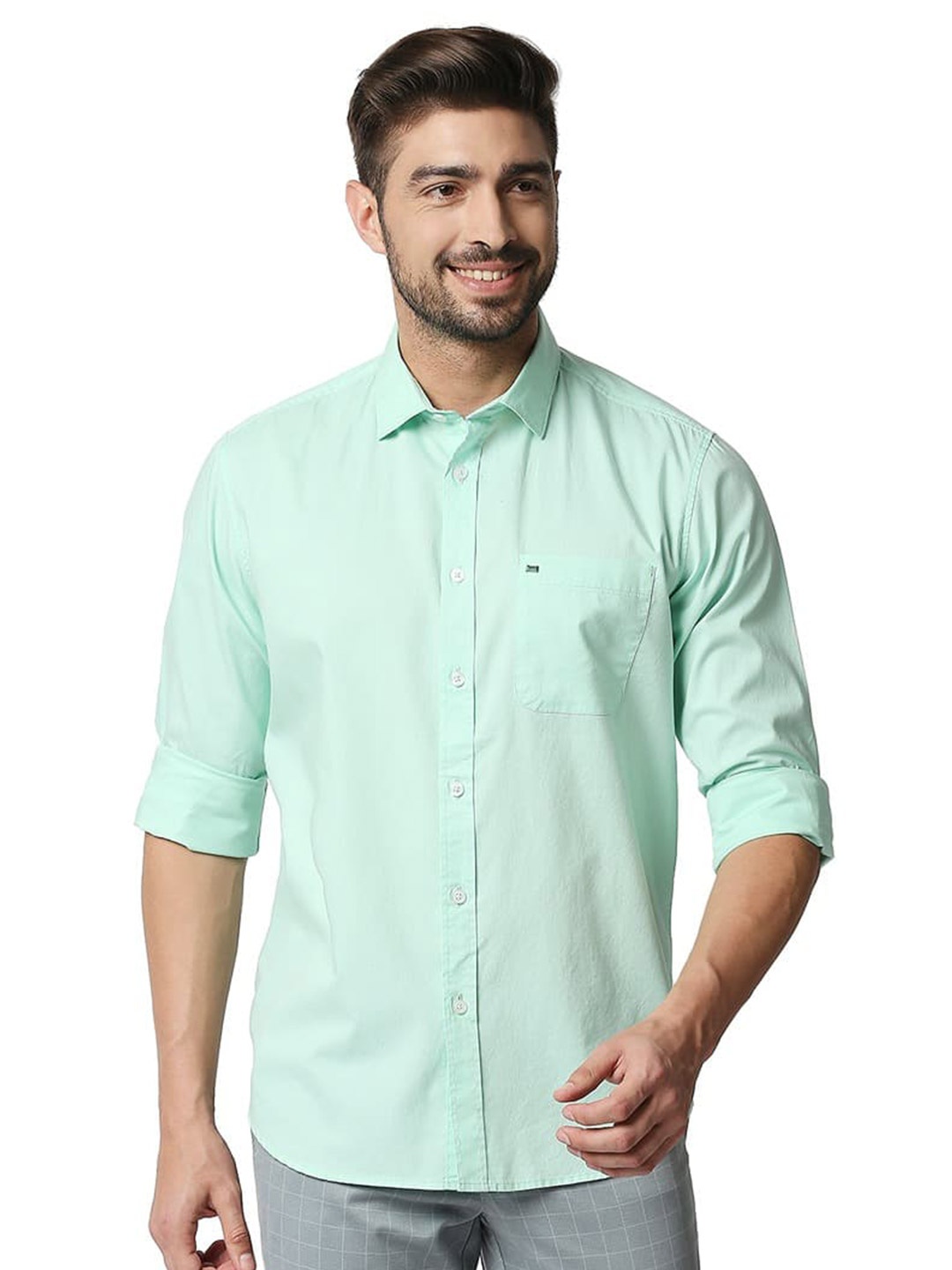 Basics Slim Fit Cotton Casual Shirt, Green