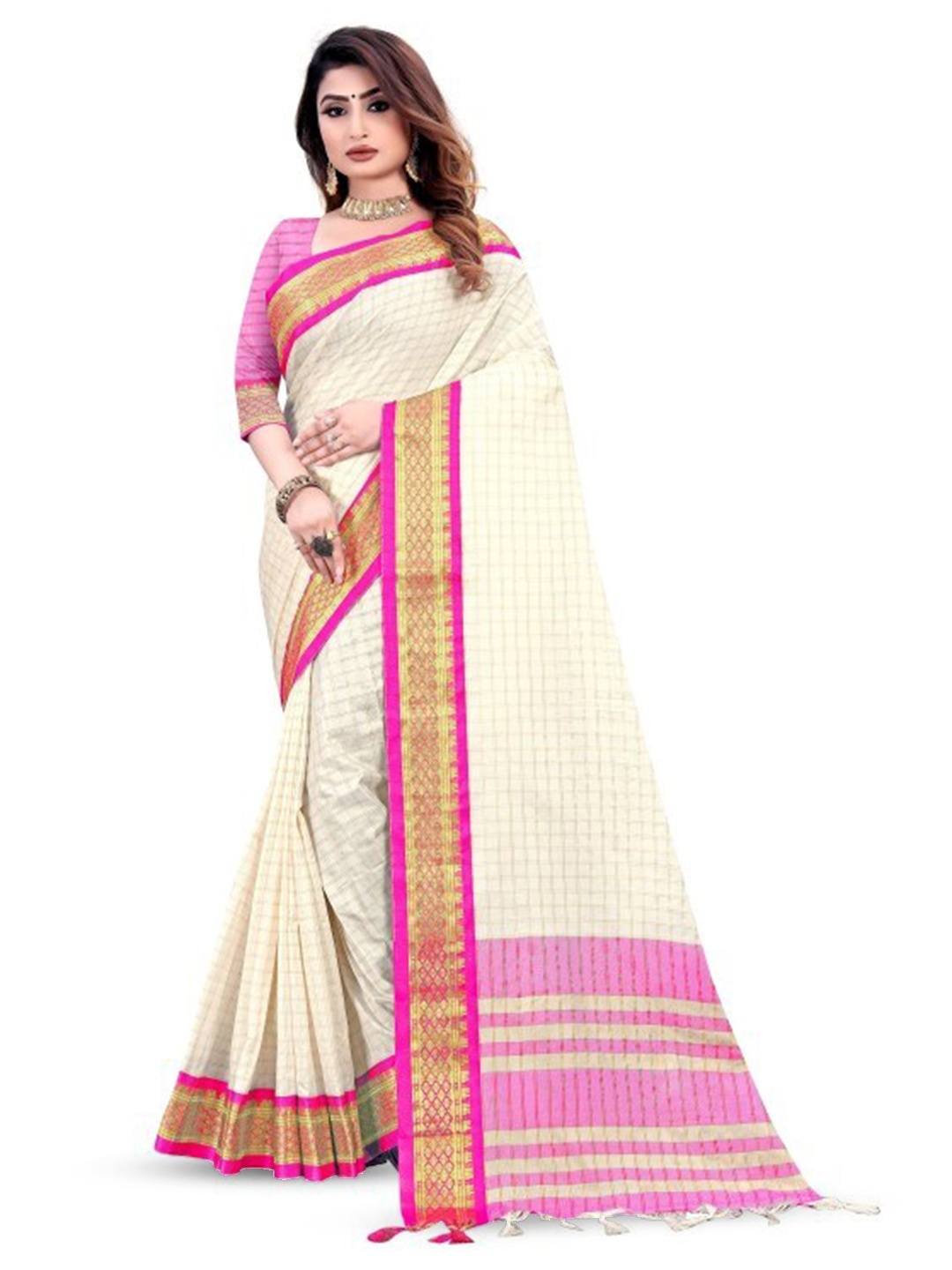 Hensi sarees shop Woven Design Checked Zari Silk Cotton Pochampally Saree, Off white
Hensi sarees shop Woven Design Checked Zari Silk Cotton Pochampally Saree, Off white