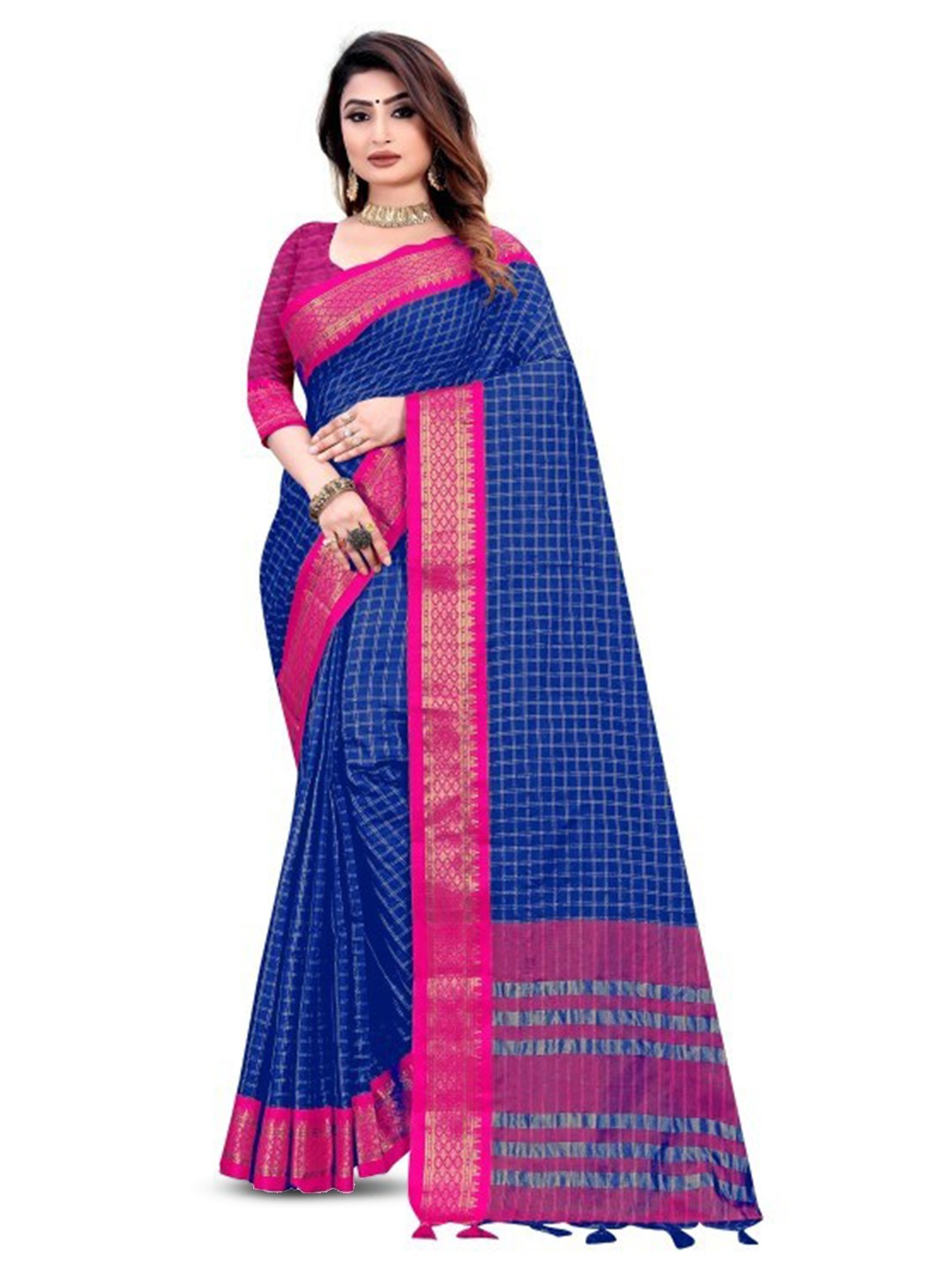 Hensi sarees shop Checked Woven Design Zari Silk Cotton Pochampally Saree, Blue
Hensi sarees shop Checked Woven Design Zari Silk Cotton Pochampally Saree, Blue