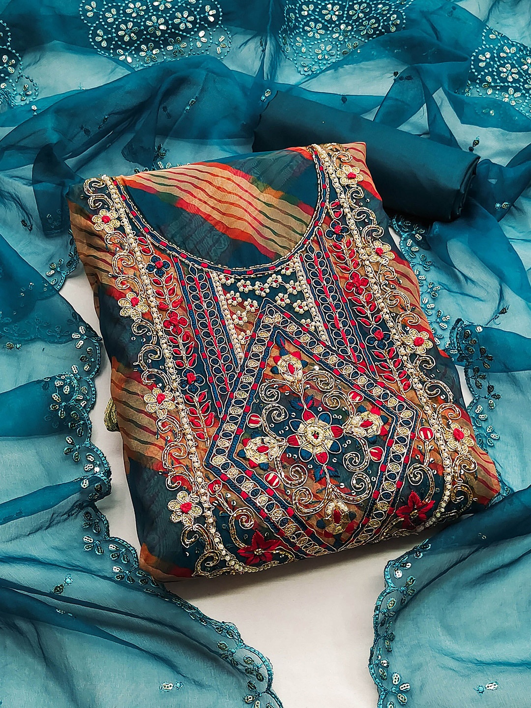 KALINI Striped Printed Beads and Stones Detail Unstitched Dress Material, Teal
KALINI Striped Printed Beads and Stones Detail Unstitched Dress Material, Teal