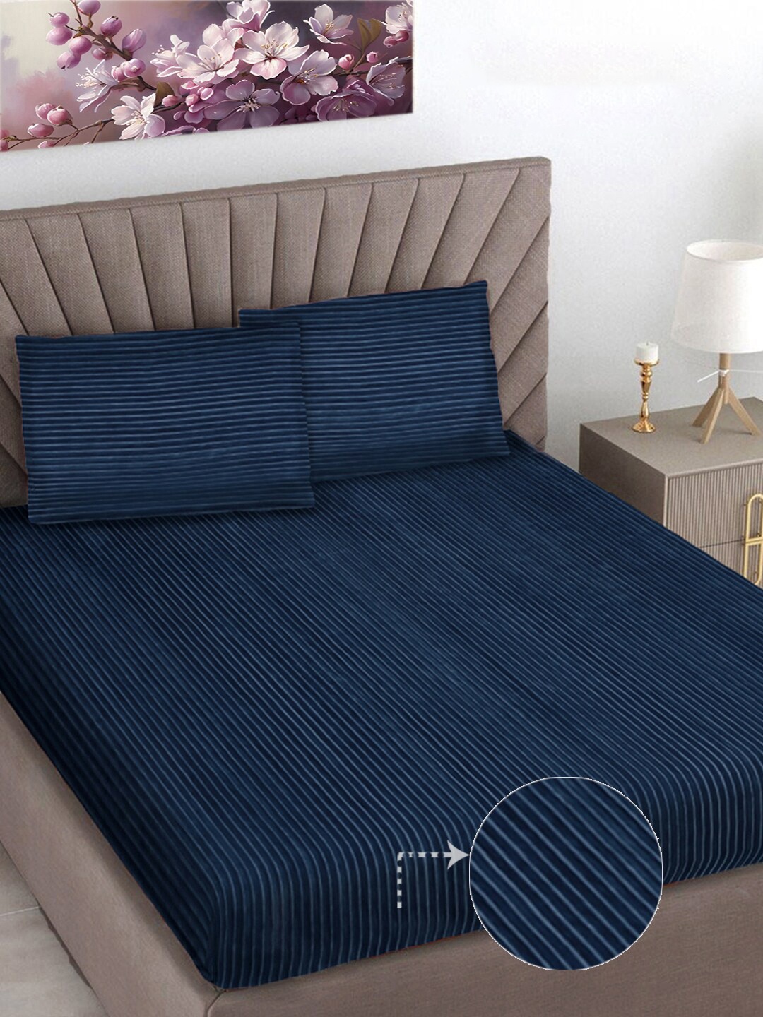 FABINALIV Blue Striped 300 TC Woollen King Size Bedsheet with 2 Pillow Covers, Navy blue
FABINALIV Blue Striped 300 TC Woollen King Size Bedsheet with 2 Pillow Covers, Navy blue