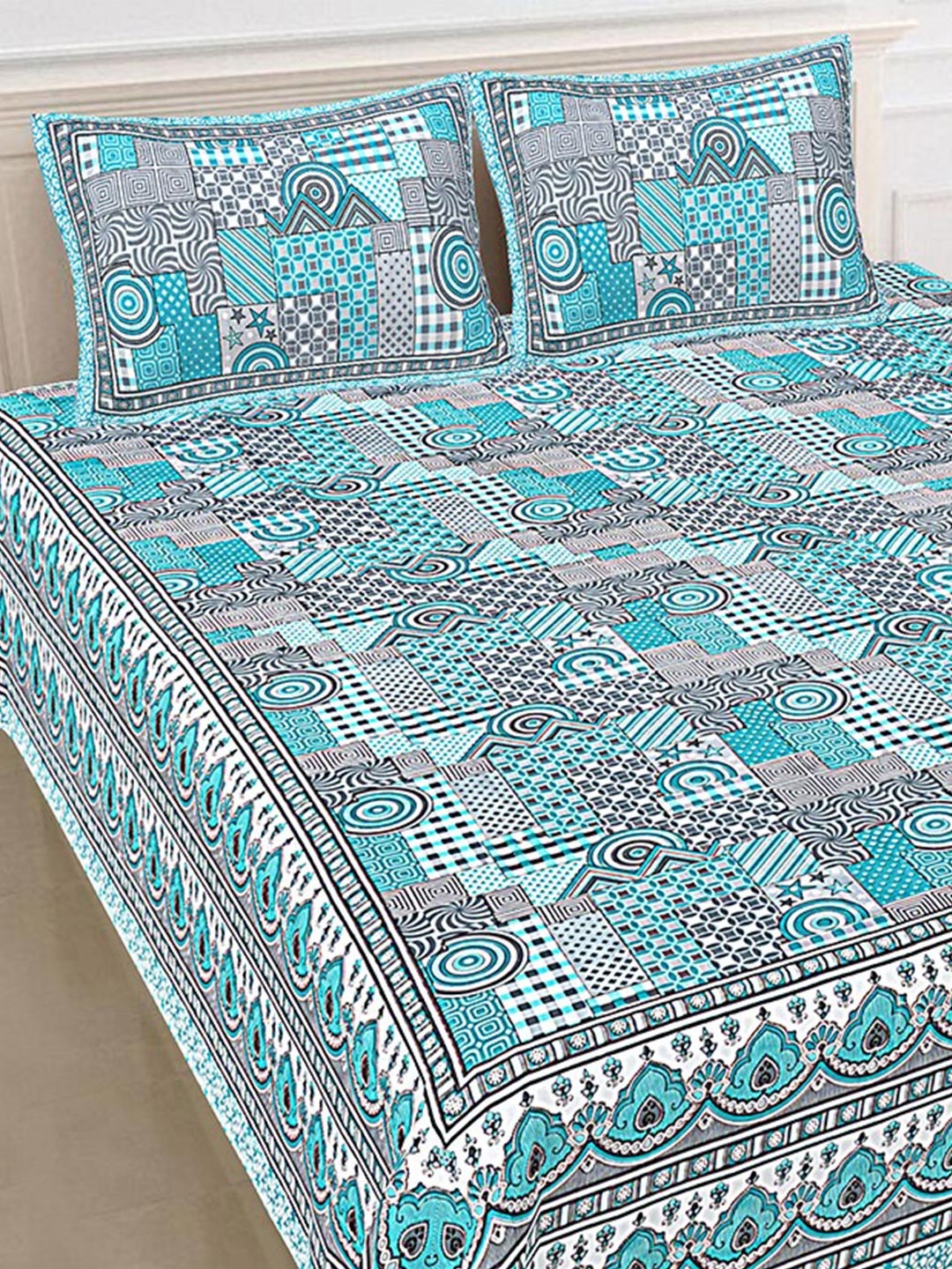SHOOLIN Blue & Grey Geometric Printed 144 TC Cotton King Bedsheet with 2 Pillow Covers
SHOOLIN Blue & Grey Geometric Printed 144 TC Cotton King Bedsheet with 2 Pillow Covers