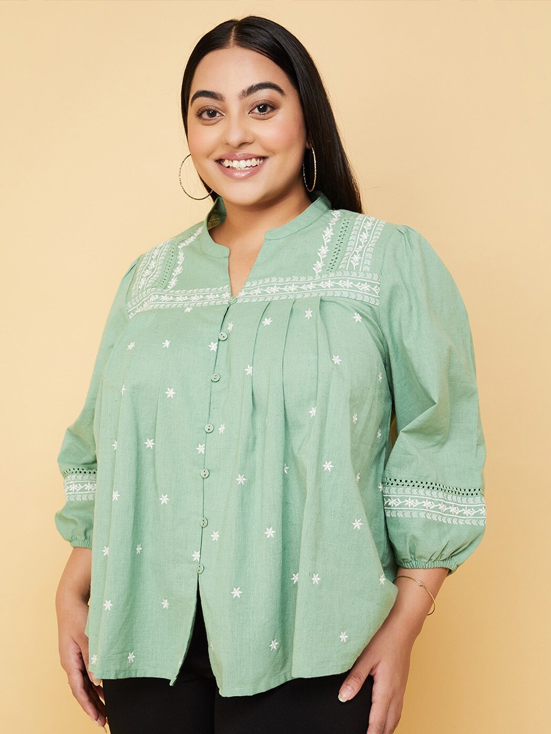 max Plus Size Ethnic Motifs Embroidered Mandarin Collar Cotton Shirt Style Top, Green
max Plus Size Ethnic Motifs Embroidered Mandarin Collar Cotton Shirt Style Top, Green