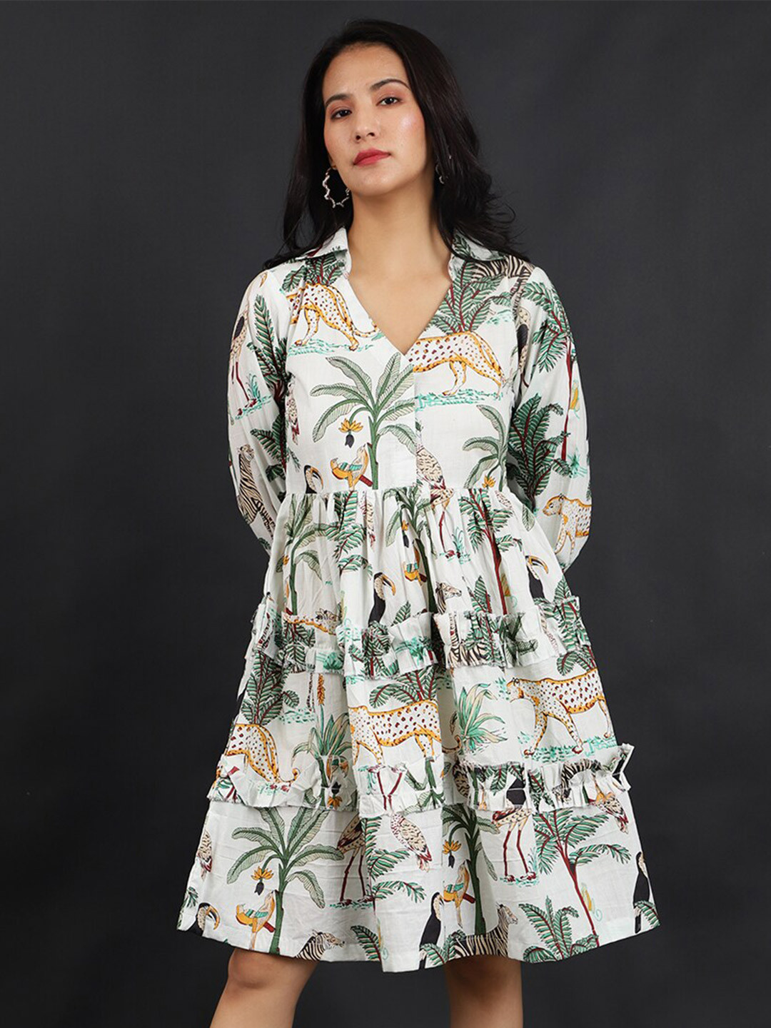 INDOPHILIA Tropical Printed Shirt collar Cotton Fit & Flare Knee Length Dress, White 
INDOPHILIA Tropical Printed Shirt collar Cotton Fit & Flare Knee Length Dress, White
