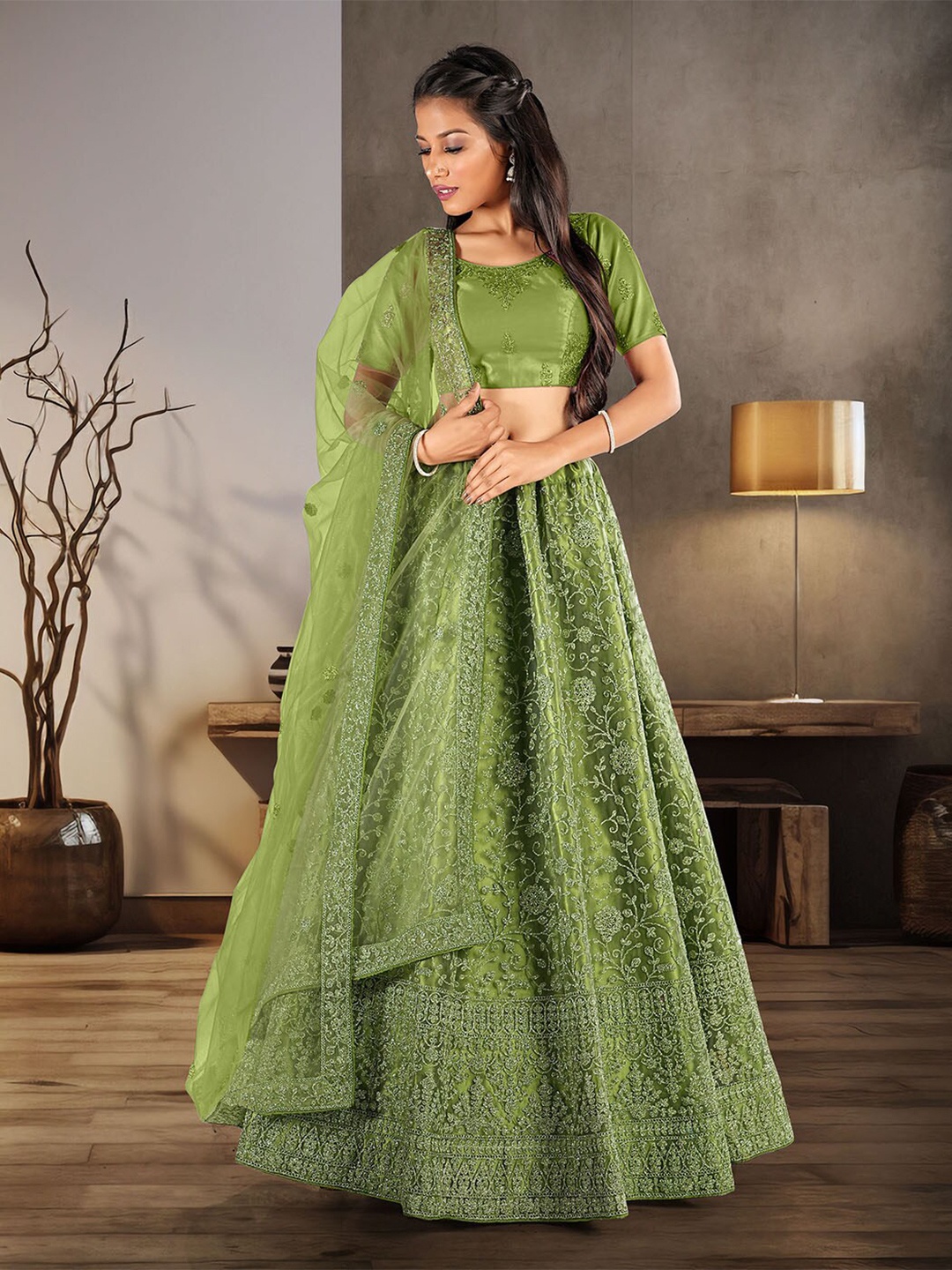 HALFSAREE STUDIO Olive Green Embroidered Thread Work Semi-Stitched Lehenga & Unstitched Blouse With Dupatta
HALFSAREE STUDIO Olive Green Embroidered Thread Work Semi-Stitched Lehenga & Unstitched Blouse With Dupatta