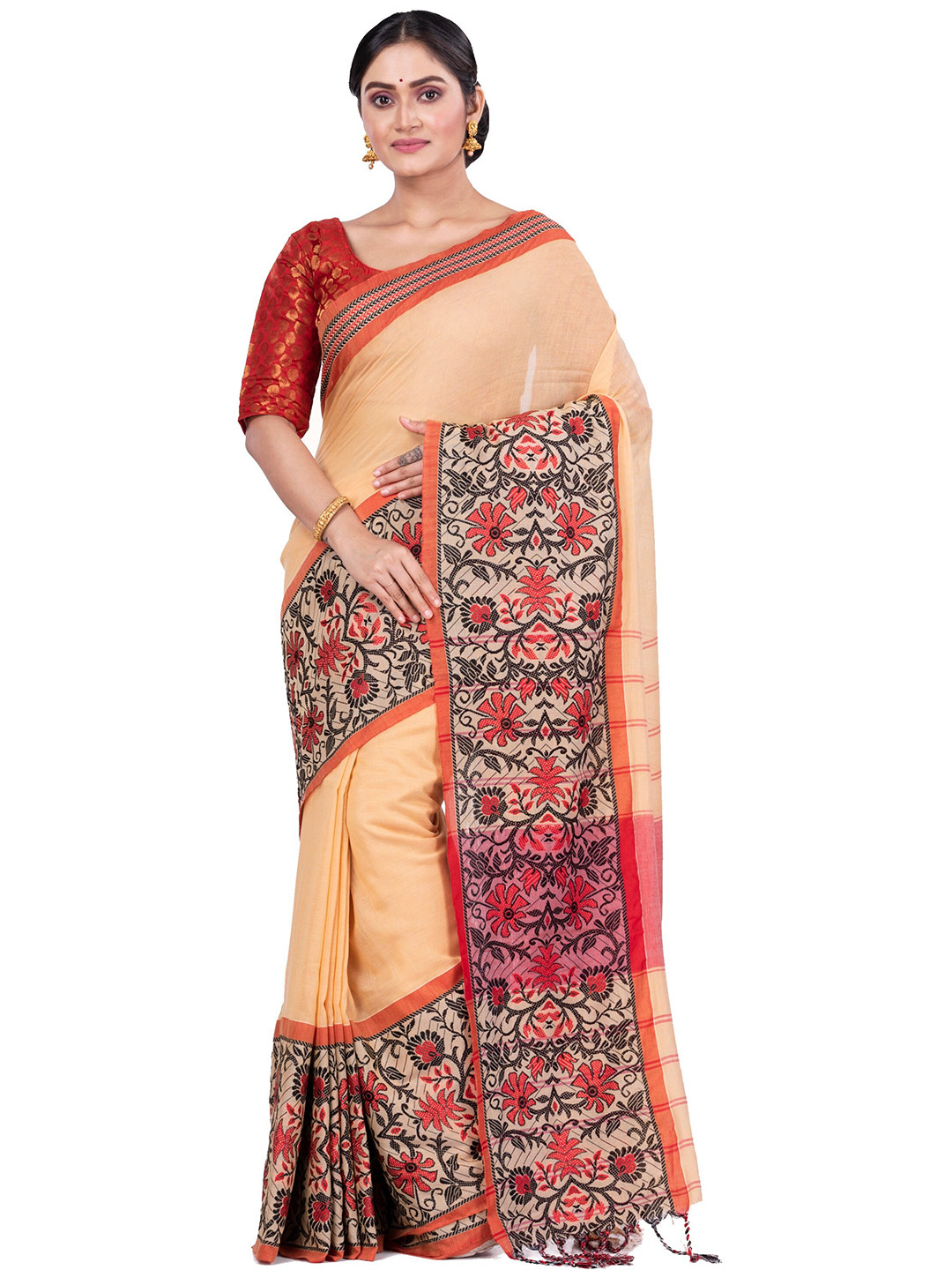 PuJoy Woven Design Pure Cotton Taant Saree, Cream 
PuJoy Woven Design Pure Cotton Taant Saree, Cream