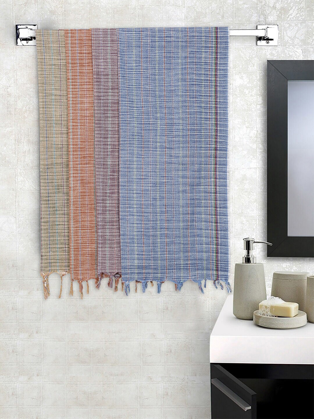 KLOTTHE Blue & Peach 4 Pieces Striped Pure Cotton Bath Towels