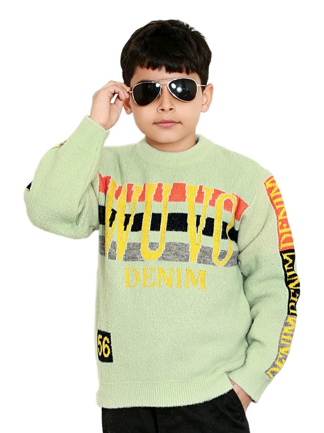 BAESD Boys Typography Round Neck Full Sleeves Ribbed Pullover Sweaters, Green