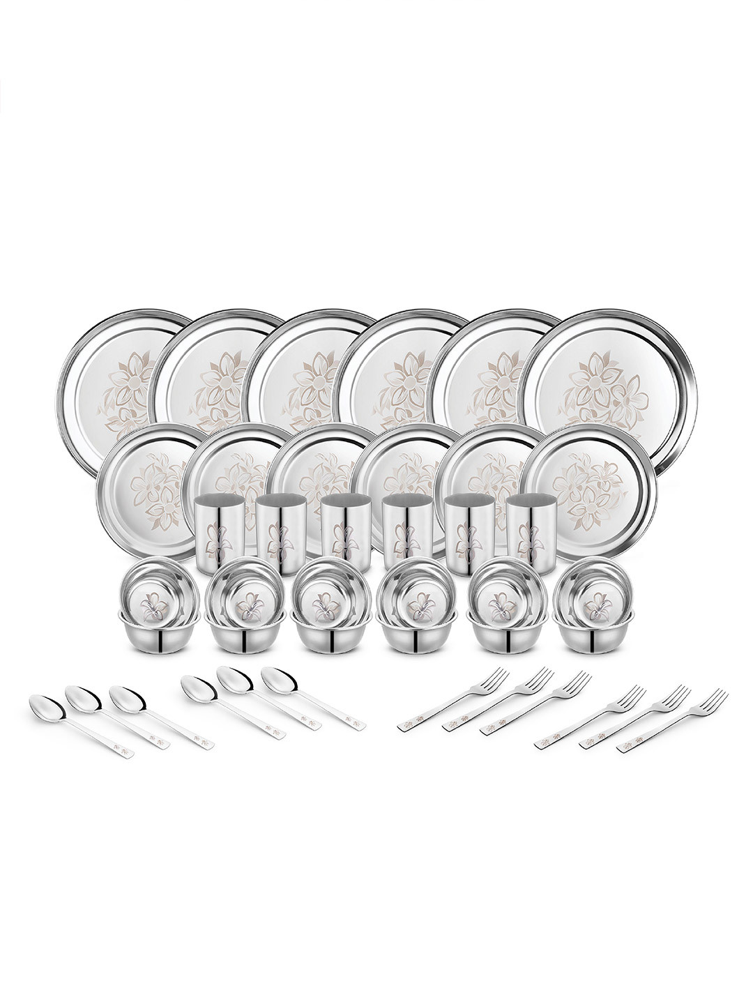 Classic Essentials Silver Toned 42 Pieces Glory Design Stainless Steel Glossy Dinner Set
Classic Essentials Silver Toned 42 Pieces Glory Design Stainless Steel Glossy Dinner Set
