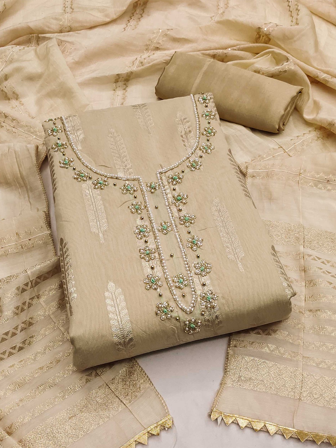 KALINI Woven Design Beads & Stone Banarasi Jacquard Unstitched Dress Material, Beige
KALINI Woven Design Beads & Stone Banarasi Jacquard Unstitched Dress Material, Beige