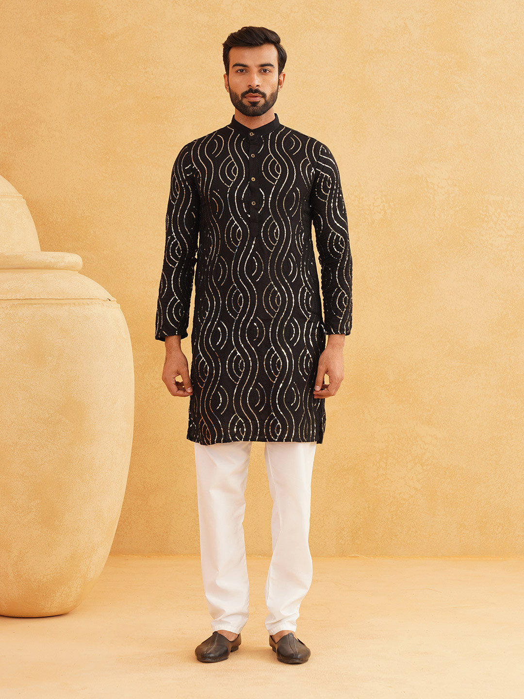 SOJANYA Geometric Embroidered Mandarin Collar Long Sleeves Pure Cotton Kurta With Churidar, Black
SOJANYA Geometric Embroidered Mandarin Collar Long Sleeves Pure Cotton Kurta With Churidar, Black