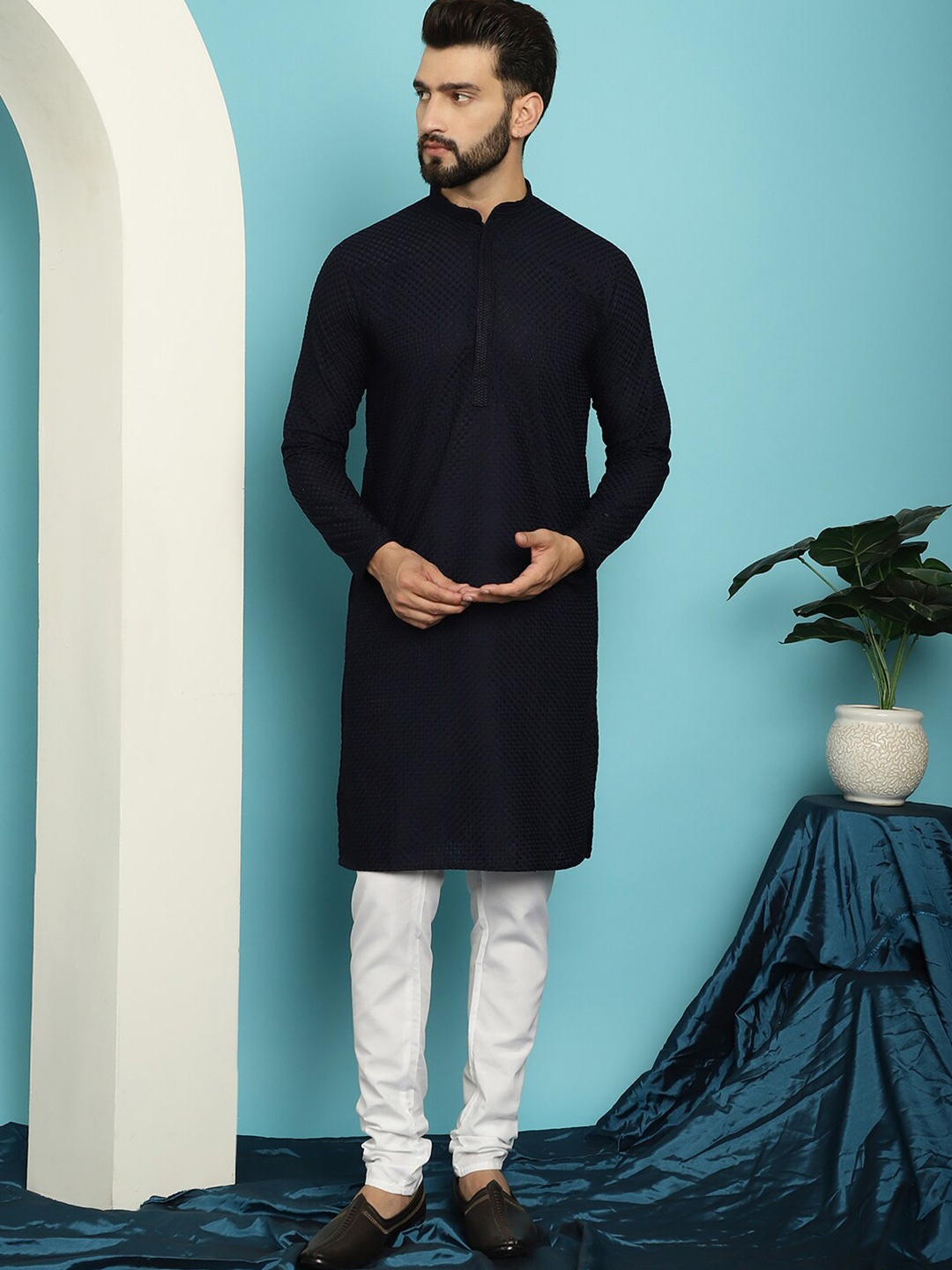 SOJANYA Geometric Embroidered Thread Work Pure Cotton Straight Kurta with Churidar, Navy blue
SOJANYA Geometric Embroidered Thread Work Pure Cotton Straight Kurta with Churidar, Navy blue