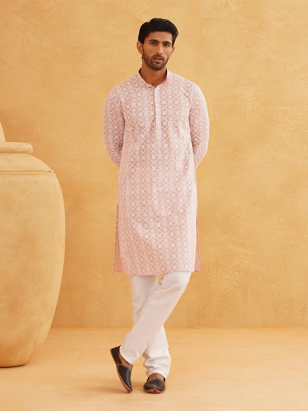 SOJANYA Ethnic Motifs Embroidered Band Collar Sequinned Pure Cotton Kurta With Churidar, Pink
SOJANYA Ethnic Motifs Embroidered Band Collar Sequinned Pure Cotton Kurta With Churidar, Pink