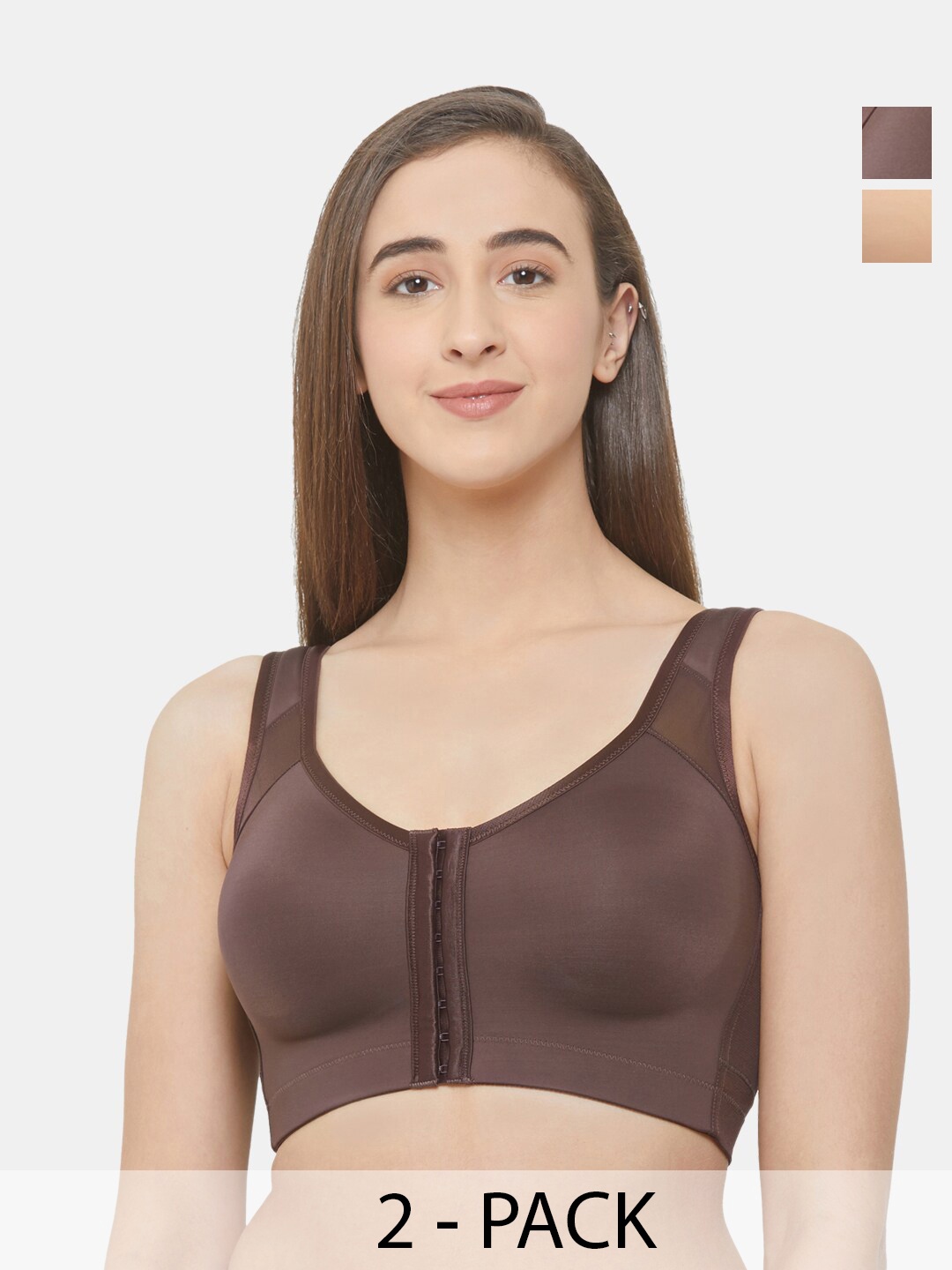 Soie Pack of 2 Front Closure Full Coverage Non Padded Non Wired Posture Correction Bra, Brown
Soie Pack of 2 Front Closure Full Coverage Non Padded Non Wired Posture Correction Bra, Brown