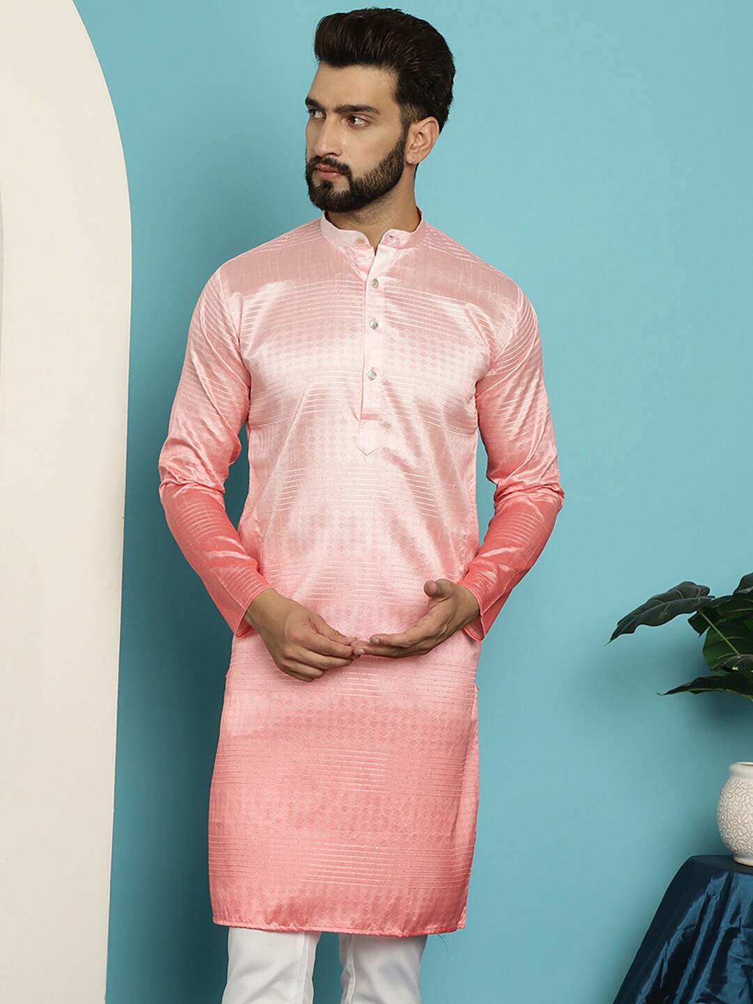 SOJANYA Ethnic Motifs Woven Design Jacquard Mandarin Collar Straight Kurta, Pink
SOJANYA Ethnic Motifs Woven Design Jacquard Mandarin Collar Straight Kurta, Pink