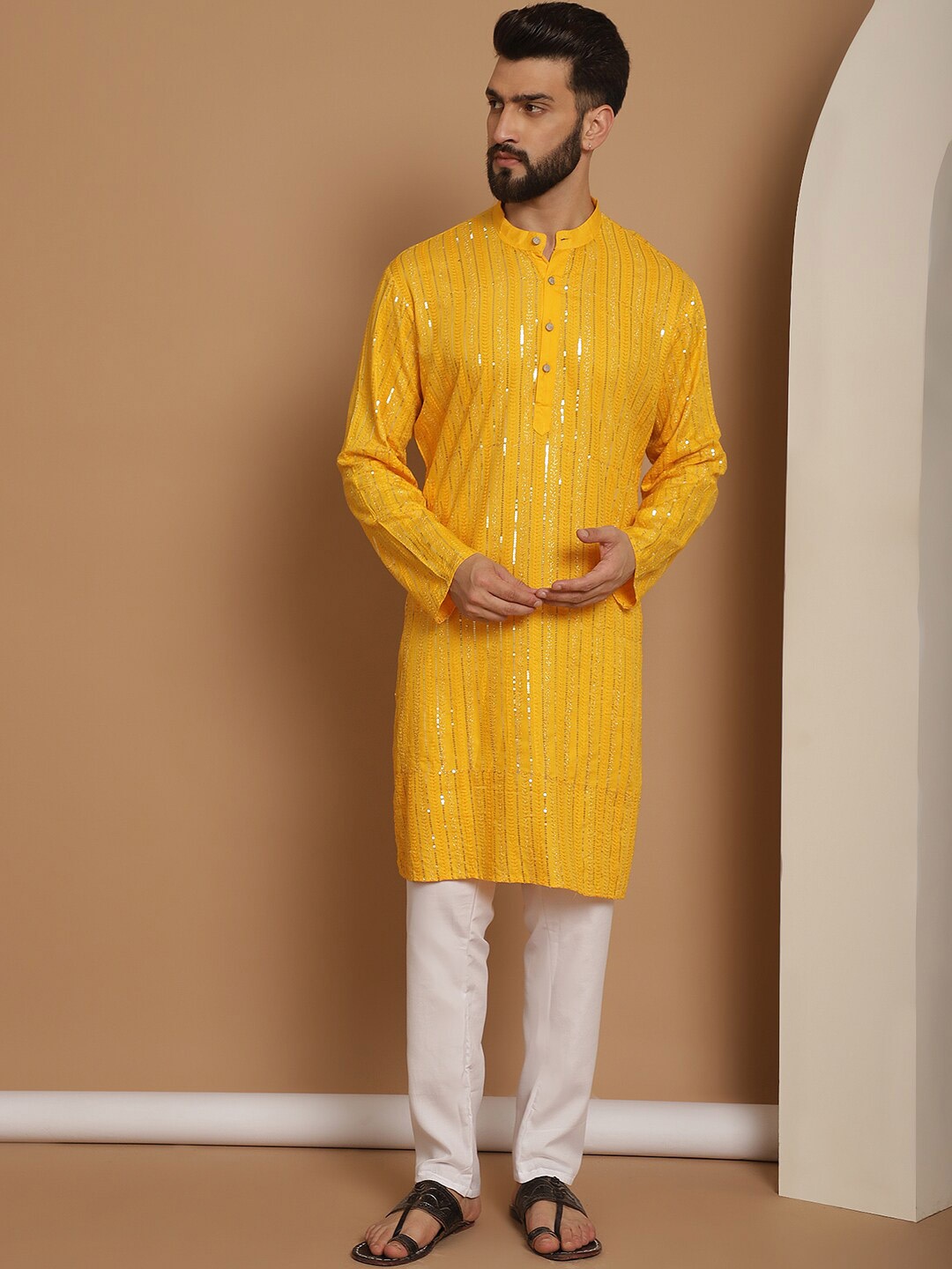 Anouk Striped Embroidered Mandarin Collar Long Sleeves Cotton Kurta with Churidar, Mustard
Anouk Striped Embroidered Mandarin Collar Long Sleeves Cotton Kurta with Churidar, Mustard