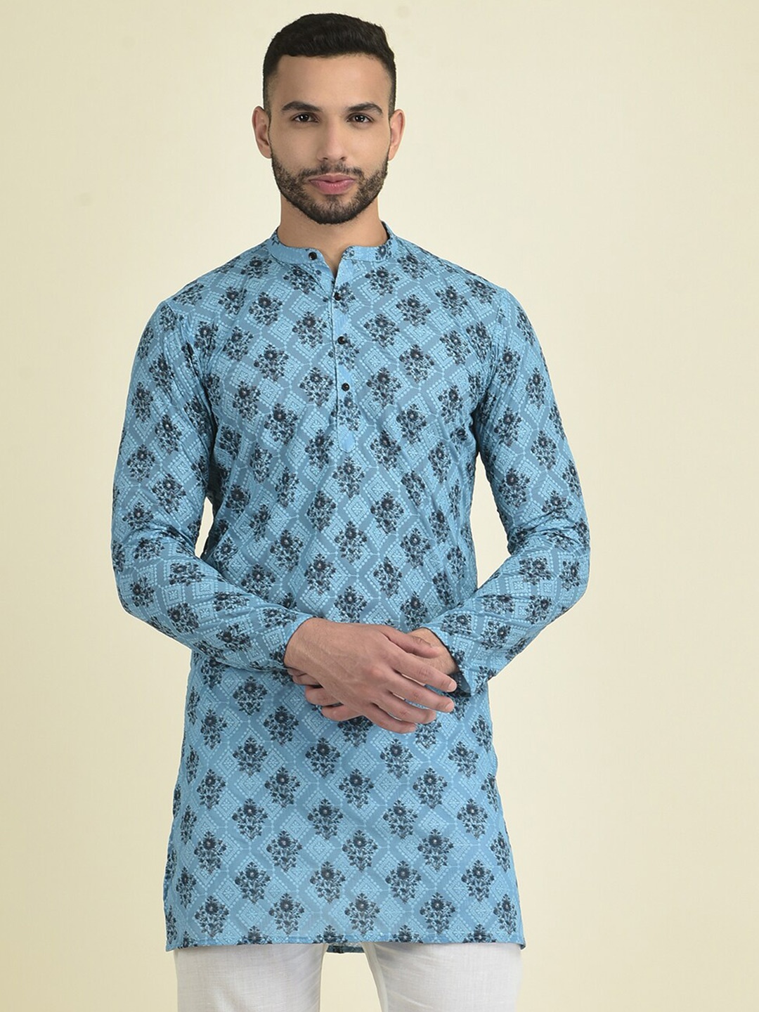 DEYANN Floral Printed Chikankari Georgette Kurta, Blue