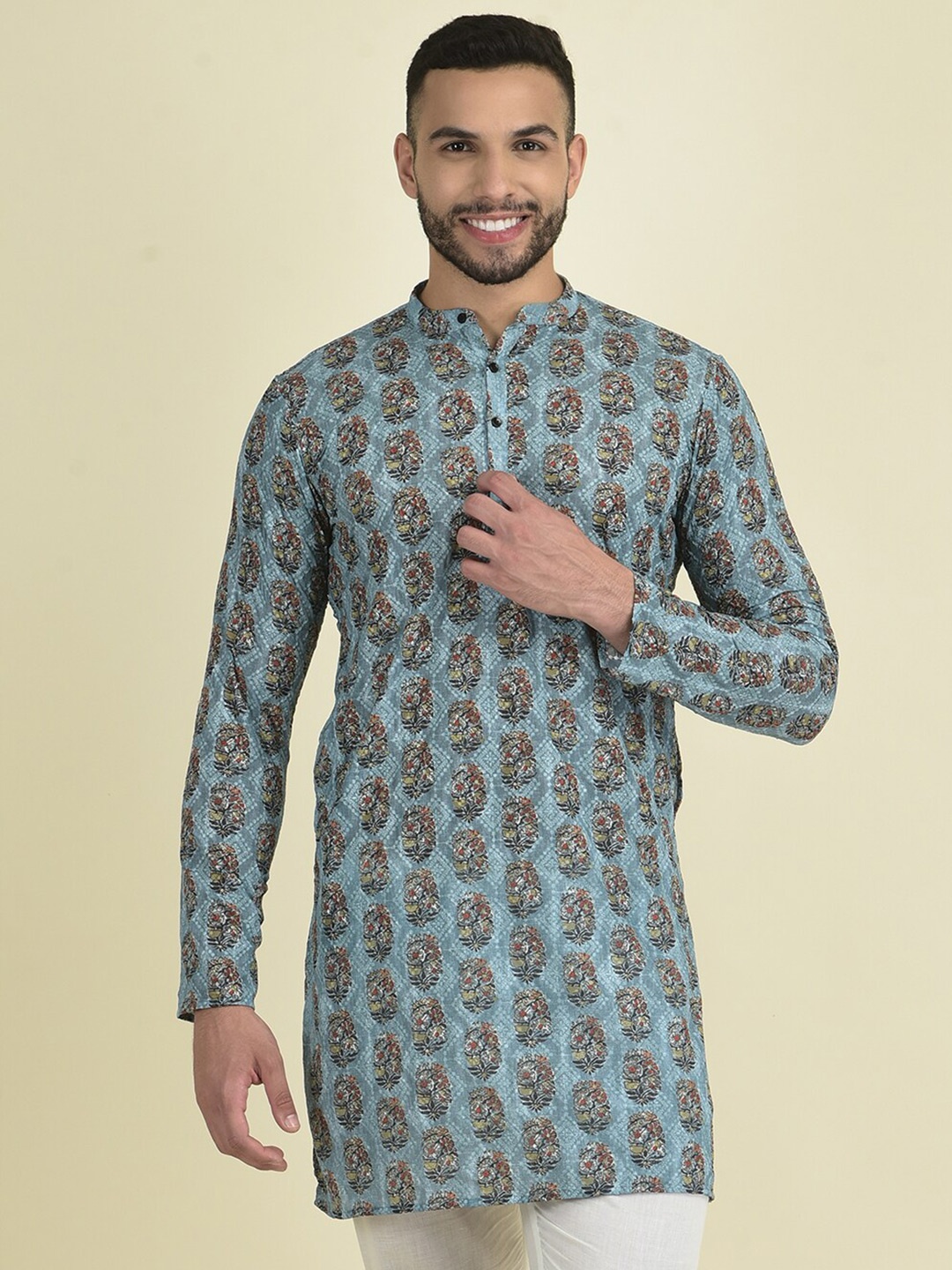 DEYANN Floral Printed Band Collar Georgette Straight Kurta, Blue