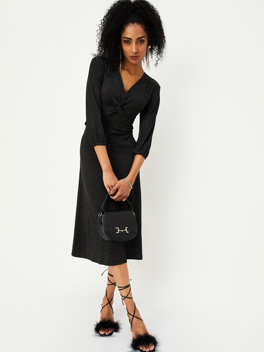 max Self Design Party A-Line Midi Dress, Black