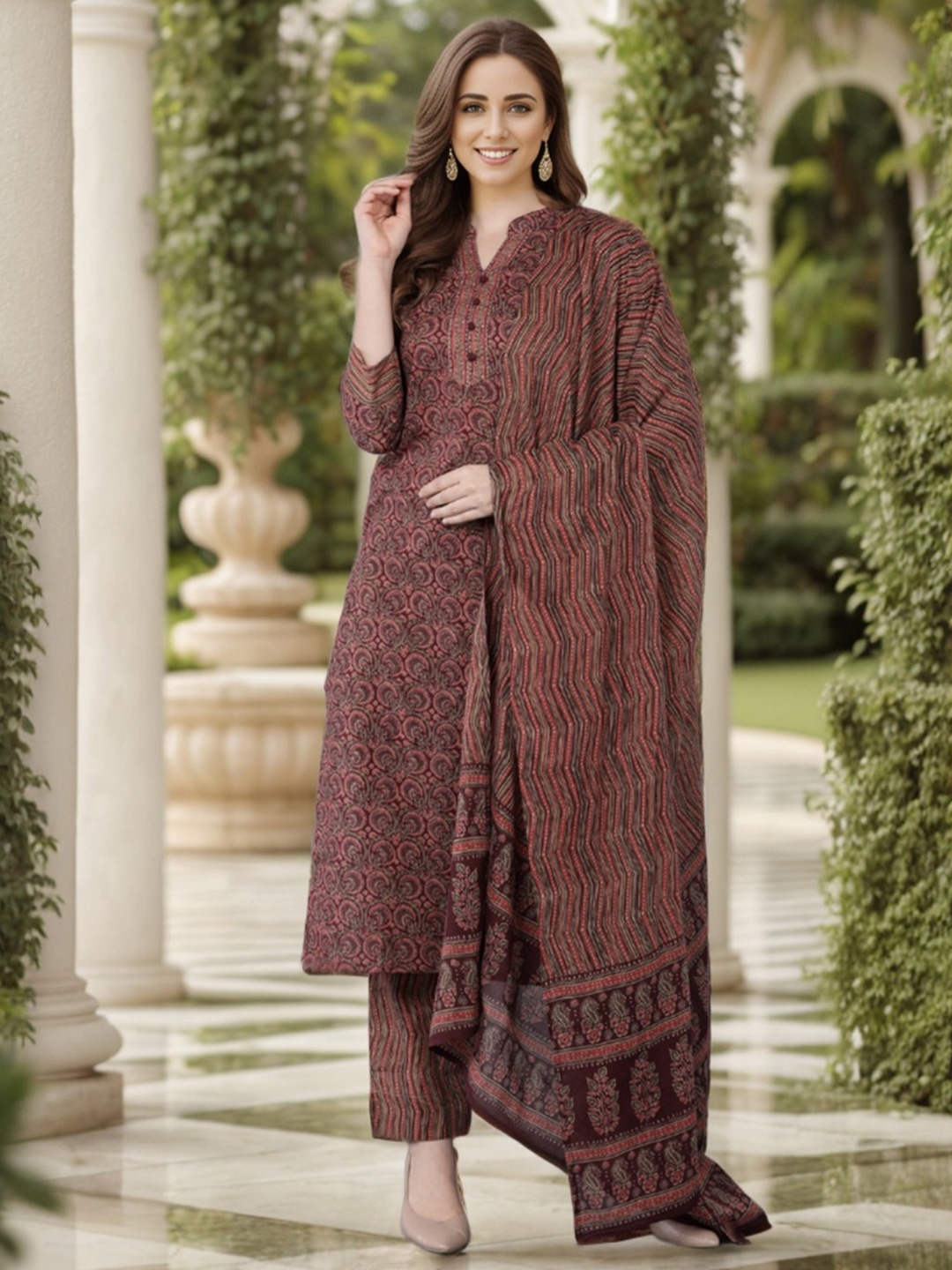 KALINI Ethnic Motifs Printed Mandarin Collar Straight Kurta & Trousers With Dupatta, Maroon
KALINI Ethnic Motifs Printed Mandarin Collar Straight Kurta & Trousers With Dupatta, Maroon