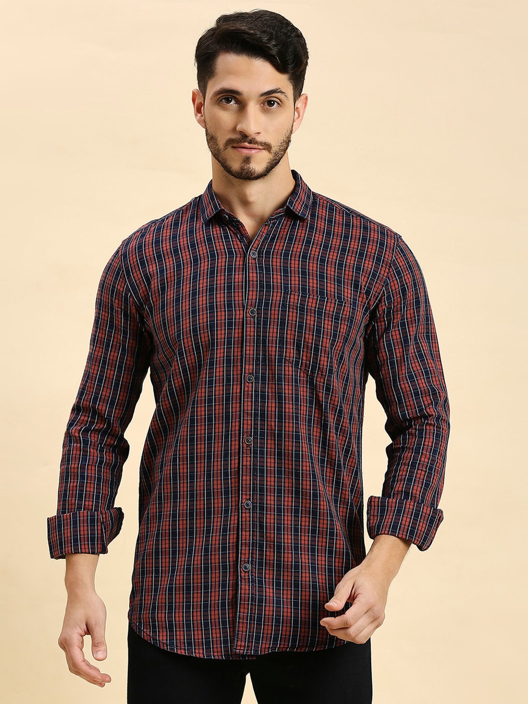 HJ HASASI Spread Collar Cotton Tartan Checked Slim Fit Opaque Casual Shirt, Navy blue
HJ HASASI Spread Collar Cotton Tartan Checked Slim Fit Opaque Casual Shirt, Navy blue