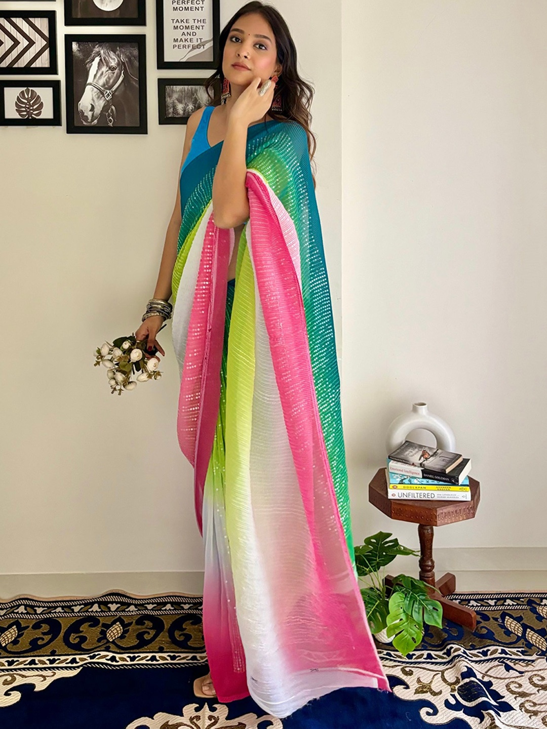 Mitera Green & Pink Colourblocked Embellished Sequinned Pure Georgette Designer Saree
Mitera Green & Pink Colourblocked Embellished Sequinned Pure Georgette Designer Saree