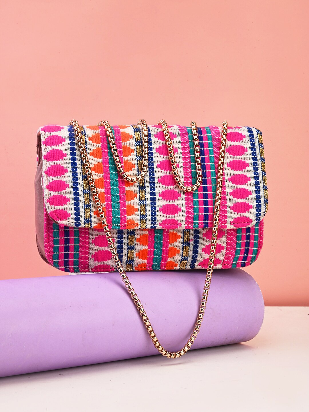 gaura pakhi Geometric Self Designed Structured Sling Bag, Cream