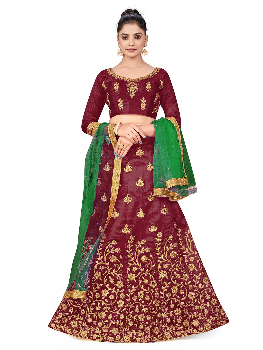 MANVAA Embroidered Beads and Stones Semi-Stitched Lehenga & Unstitched Blouse With Dupatta, Maroon
MANVAA Embroidered Beads and Stones Semi-Stitched Lehenga & Unstitched Blouse With Dupatta, Maroon