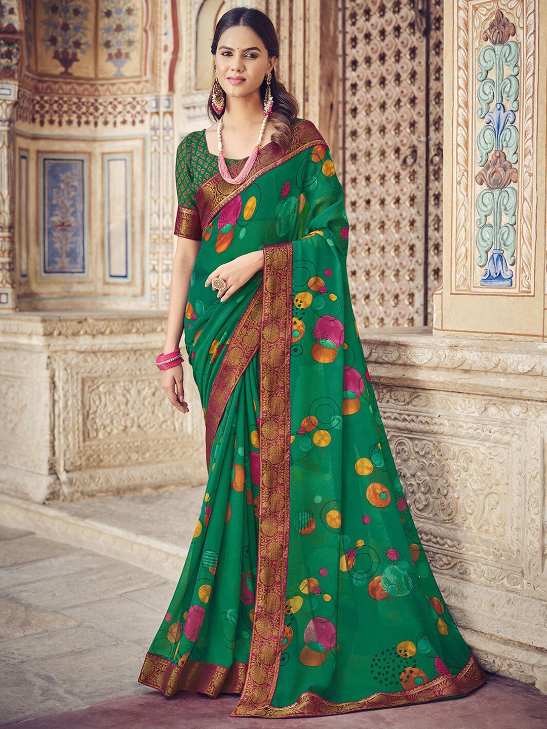 Mitera Zari Geometric Printed & Lace Saree, Green