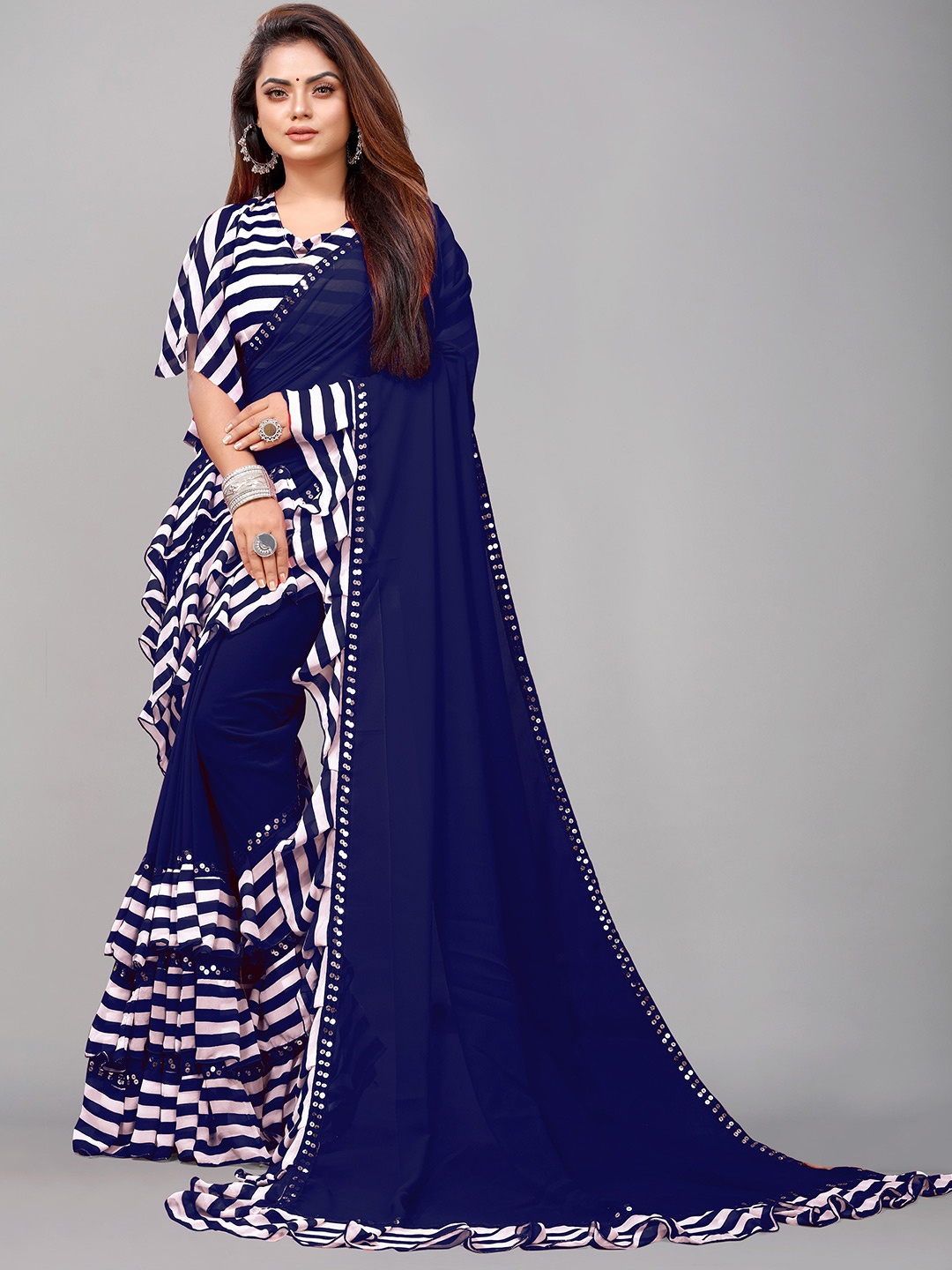 Flip The Style Striped Ruffles Embroidered Sequinned Pure Georgette Saree, Navy blue
Flip The Style Striped Ruffles Embroidered Sequinned Pure Georgette Saree, Navy blue