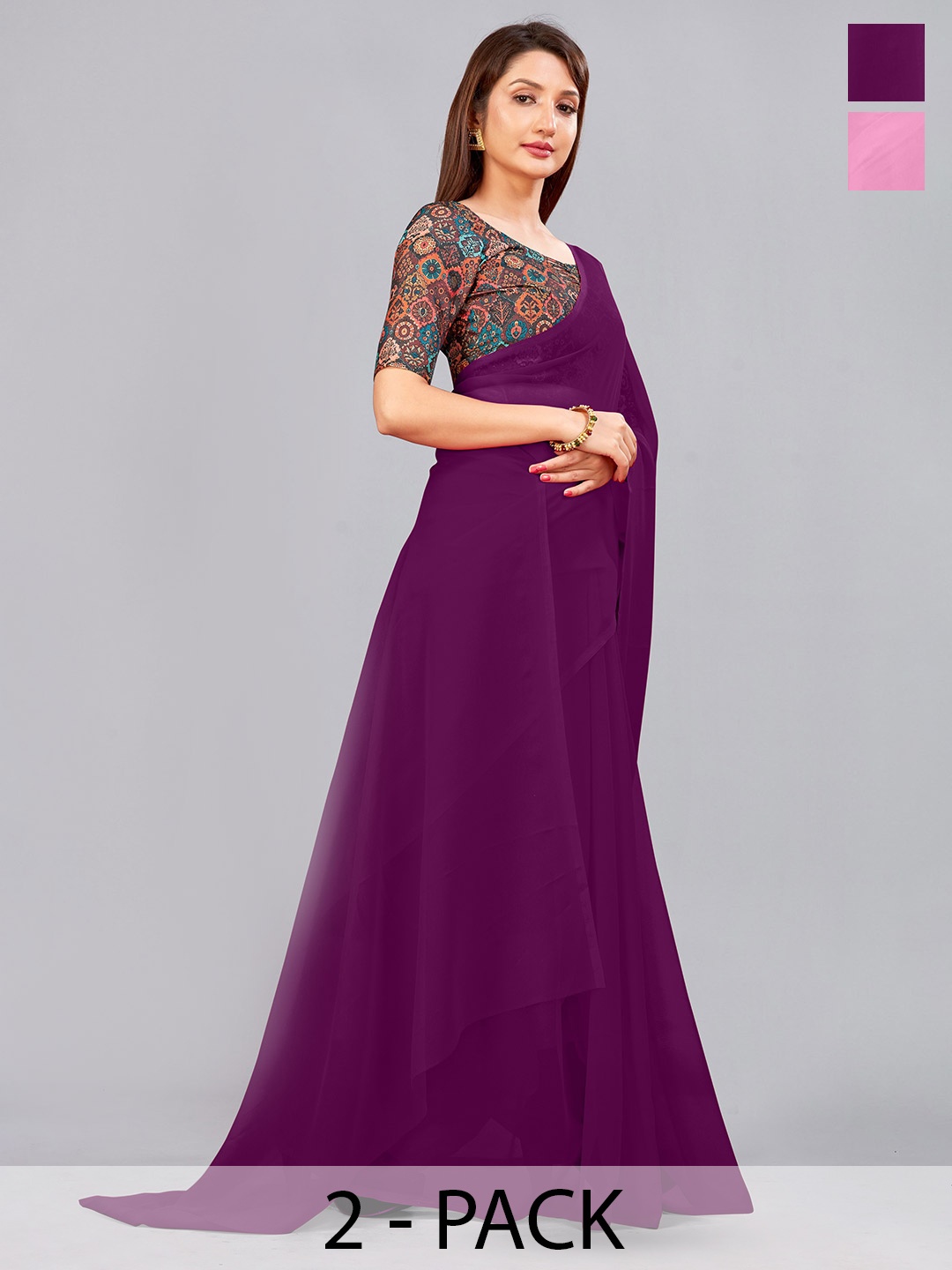 CastilloFab Pack Of 2 Pure Georgette Sarees, Burgundy