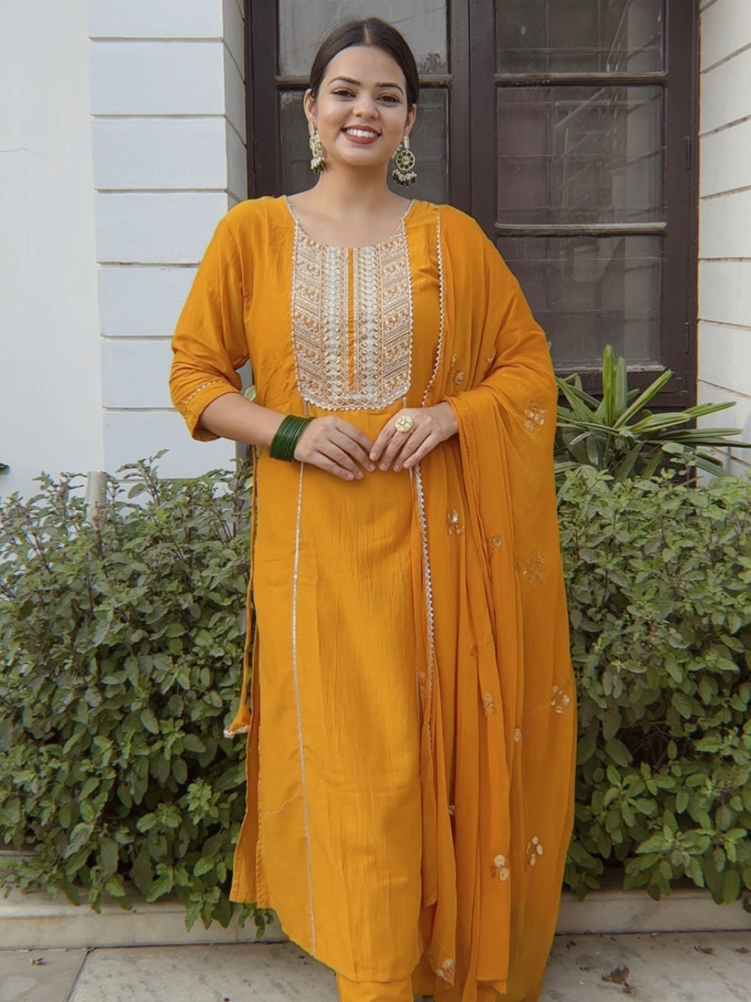 KALINI Ethnic Motifs Embroidered Regular Gotta Patti Kurta with Palazzos & Dupatta, Mustard
KALINI Ethnic Motifs Embroidered Regular Gotta Patti Kurta with Palazzos & Dupatta, Mustard