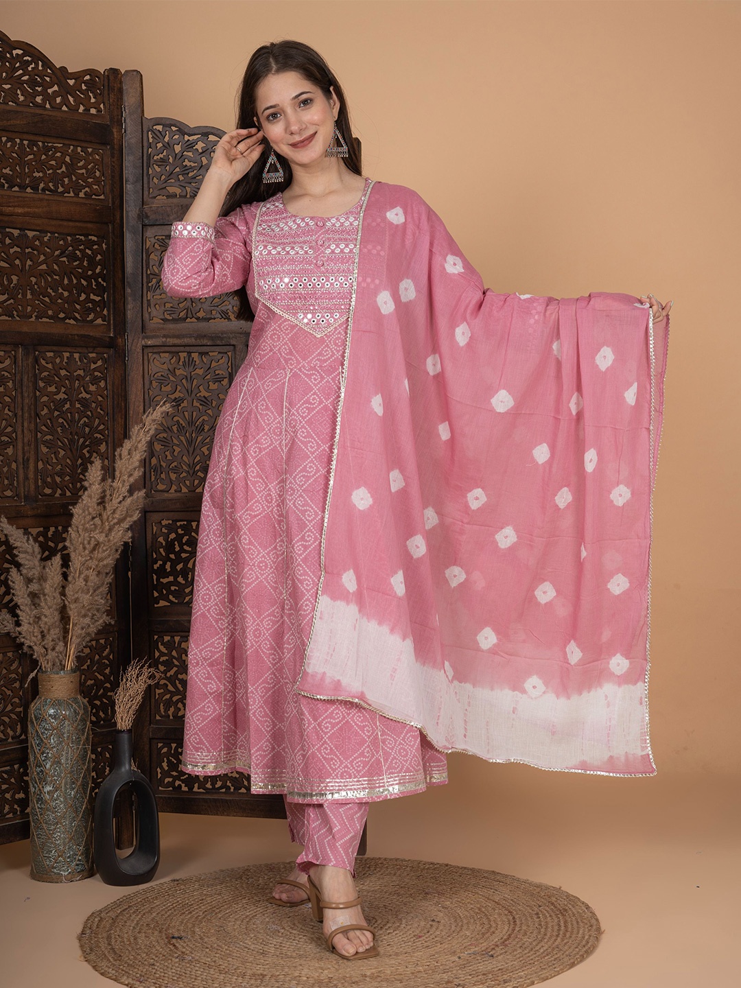 MEERA FAB Bandhani Printed Empire Mirror Work Pure Cotton Kurta with Trousers & Dupatta, Pink
MEERA FAB Bandhani Printed Empire Mirror Work Pure Cotton Kurta with Trousers & Dupatta, Pink