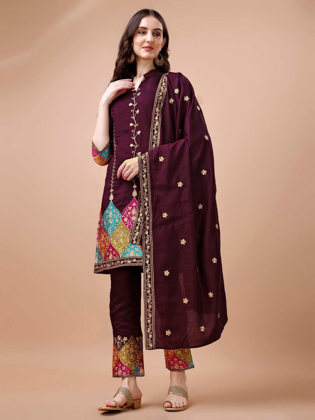 KALINI Floral Embroidered Mandarin Collar Thread Work Kurta with Palazzos & With Dupatta, Purple
KALINI Floral Embroidered Mandarin Collar Thread Work Kurta with Palazzos & With Dupatta, Purple