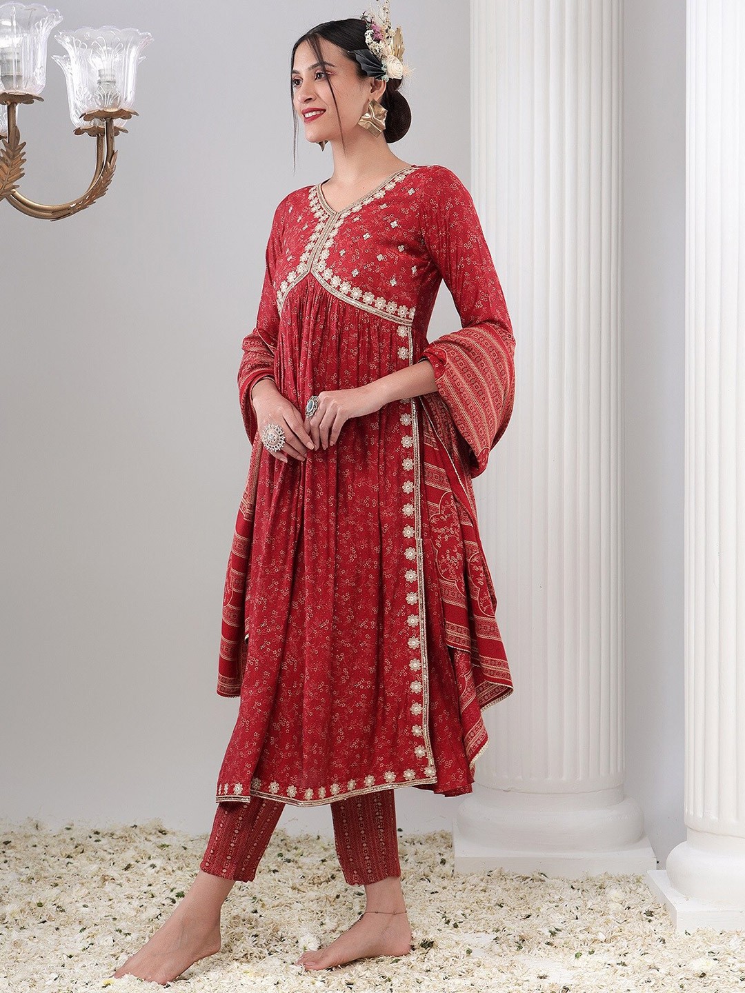 BAESD Ethnic Motifs Printed High Slit Thread Work A-Line Kurta With Trousers & Dupatta, Red
BAESD Ethnic Motifs Printed High Slit Thread Work A-Line Kurta With Trousers & Dupatta, Red
