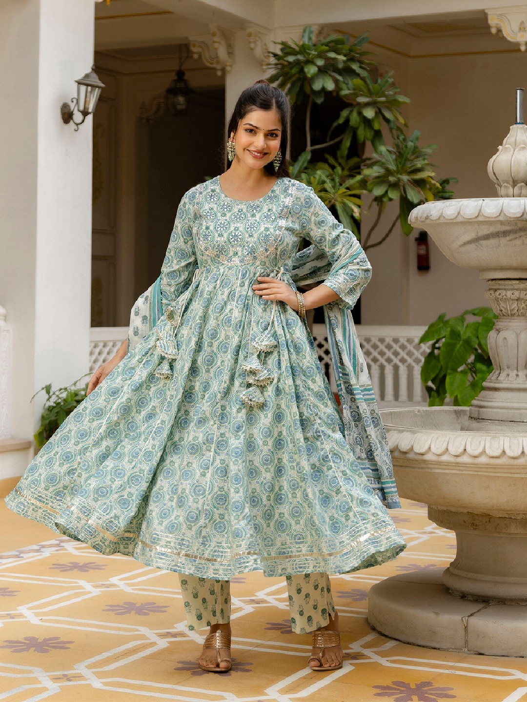 KALINI Floral Embroidered Anarkali Pure Cotton Kurta with Trousers & With Dupatta, Green
KALINI Floral Embroidered Anarkali Pure Cotton Kurta with Trousers & With Dupatta, Green