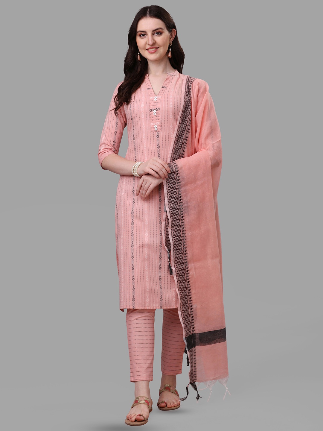 CANIZZARO Striped Woven Design Mandarin Collar Cotton Straight Kurta with Trousers Dupatta, Peach
CANIZZARO Striped Woven Design Mandarin Collar Cotton Straight Kurta with Trousers Dupatta, Peach