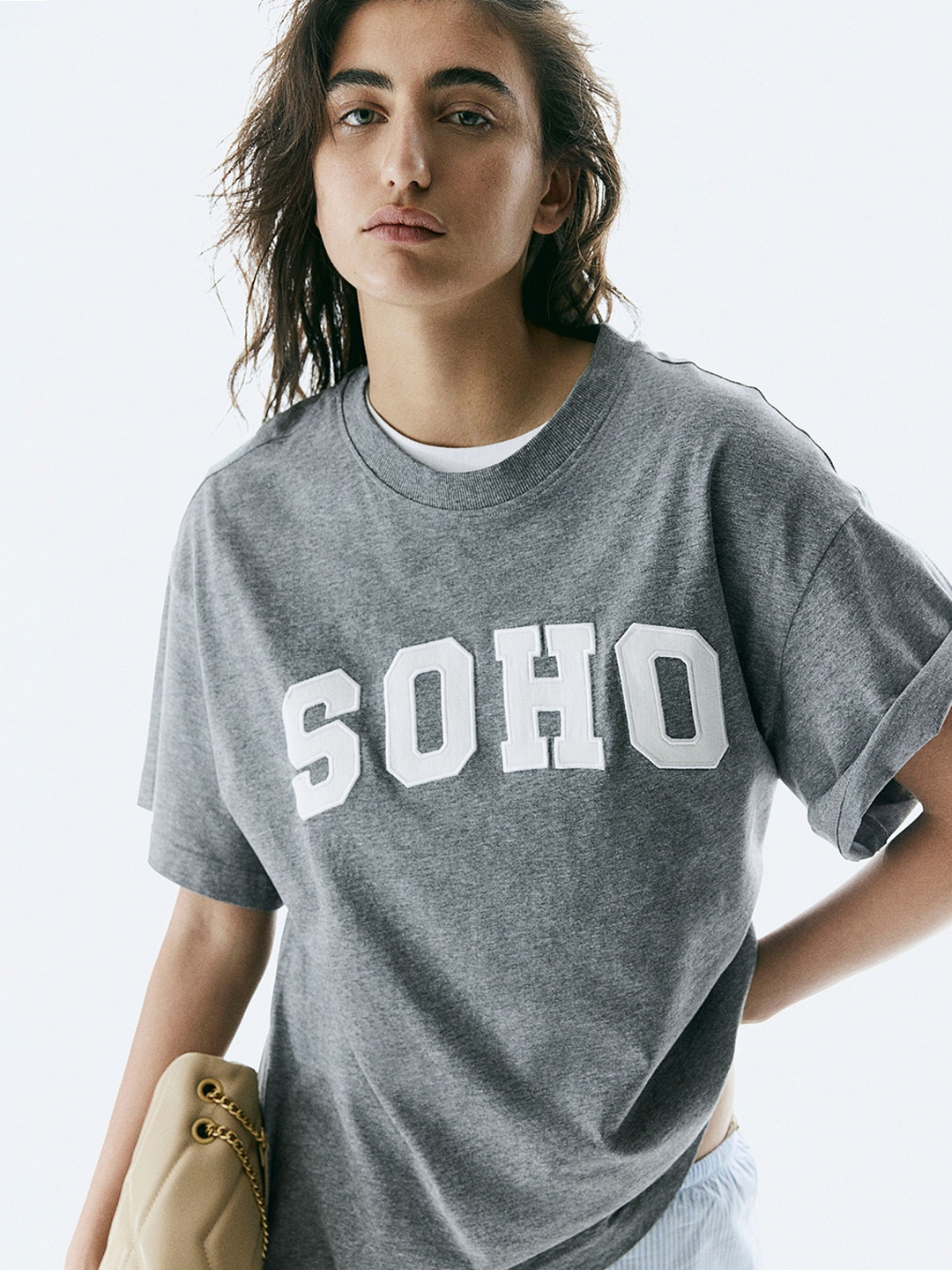 H&M Pure Cotton Oversized Printed T-shirt, Grey