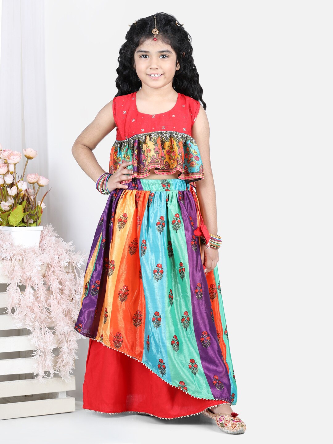 Sangria Girls Red & Blue Floral Printed Ready to Wear Layered Silk Lehenga With Peplum Top
Sangria Girls Red & Blue Floral Printed Ready to Wear Layered Silk Lehenga With Peplum Top
