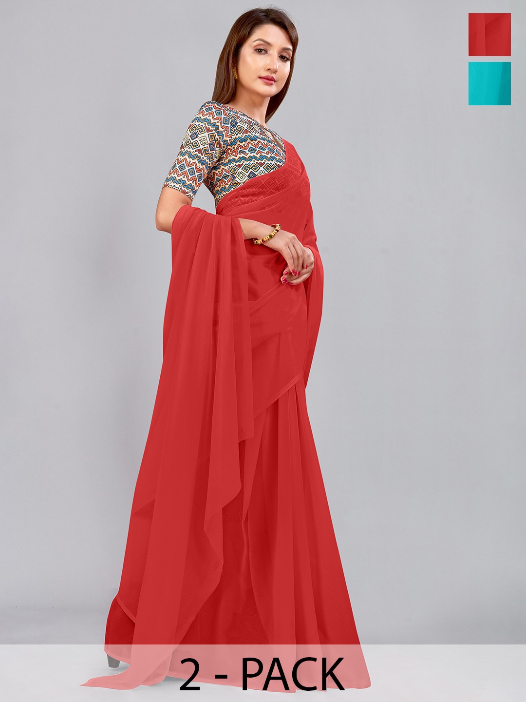 CastilloFab Selection Of 2 Pure Georgette Saree, Turquoise blue
