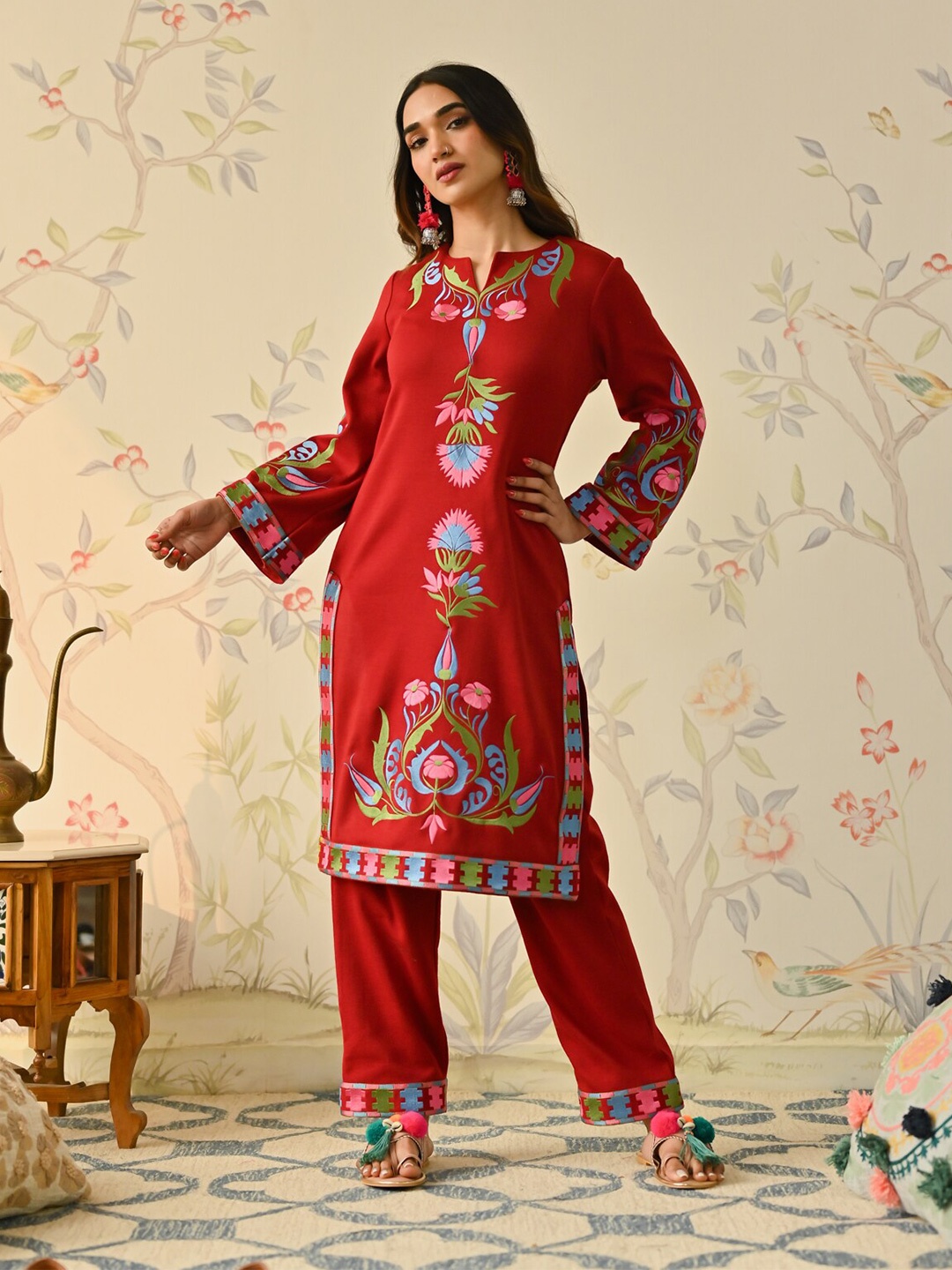 Rustorange Ethnic Embroidered Notch Neck Flared Sleeves Acrylic Kashmiri Kurta With Salwar, Maroon
Rustorange Ethnic Embroidered Notch Neck Flared Sleeves Acrylic Kashmiri Kurta With Salwar, Maroon