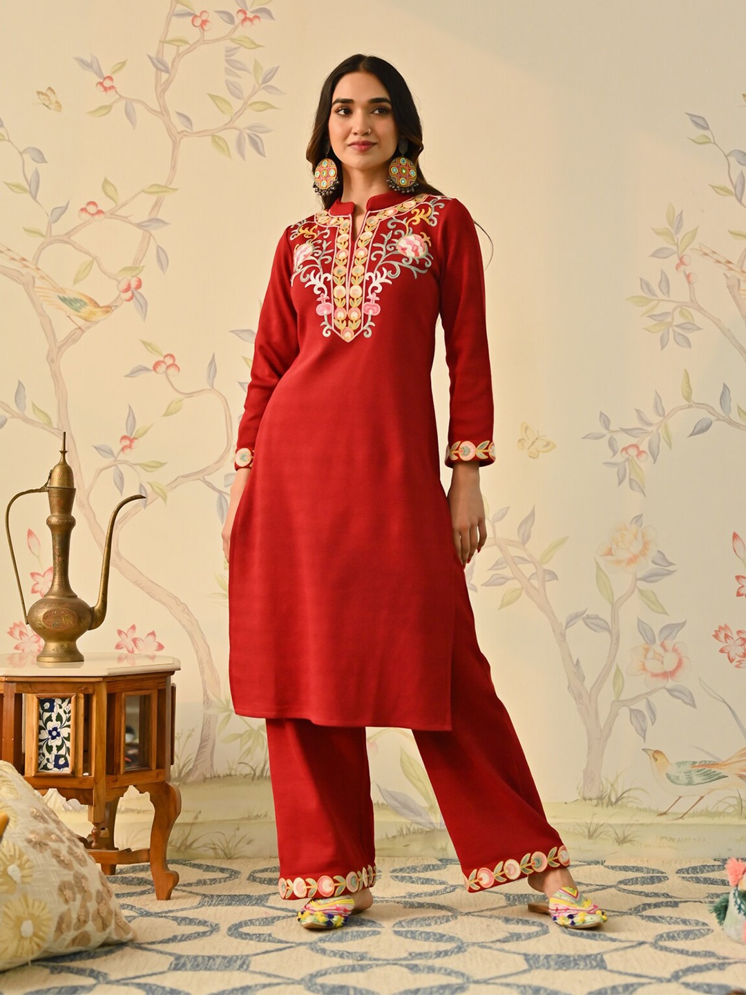 Rustorange Floral Embroidered Mandarin Collar Acrylic A-Line Kurta With Salwar, Maroon
Rustorange Floral Embroidered Mandarin Collar Acrylic A-Line Kurta With Salwar, Maroon