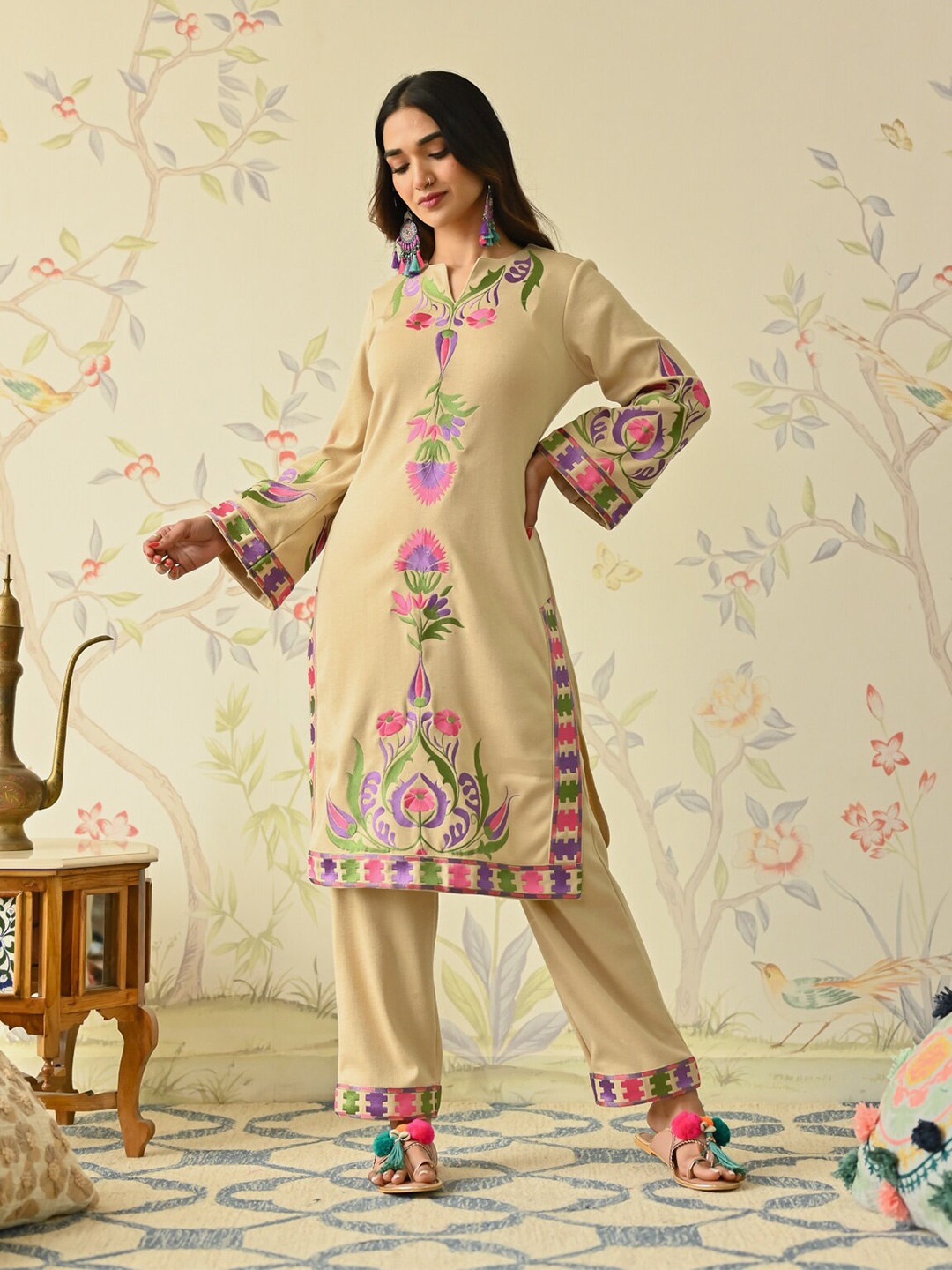 Rustorange Floral Embroidered Notch Neck Flared Sleeves Acrylic Kashmiri Kurta With Pant, Beige
Rustorange Floral Embroidered Notch Neck Flared Sleeves Acrylic Kashmiri Kurta With Pant, Beige