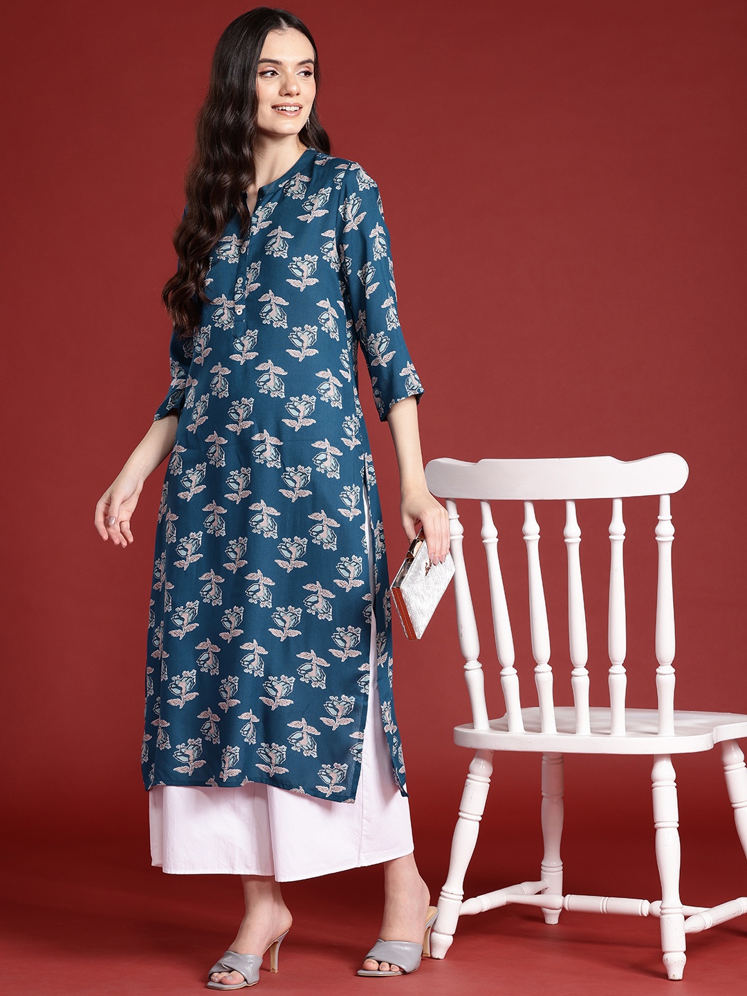 Anouk Floral Print Straight Kurta, Teal