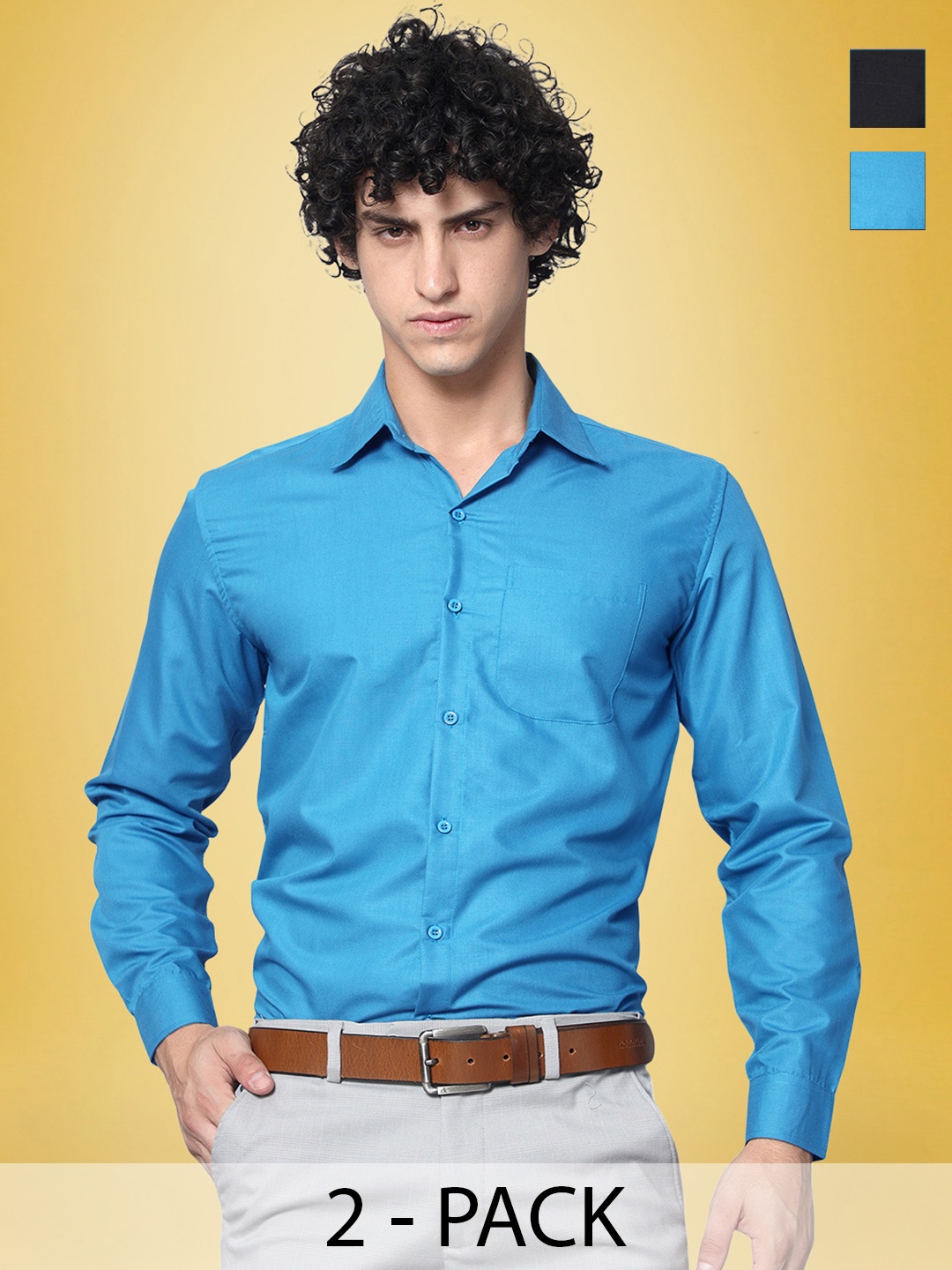 1 Stop Fashion 2 Pcs Opaque Pure Cotton Casual Shirt, Blue