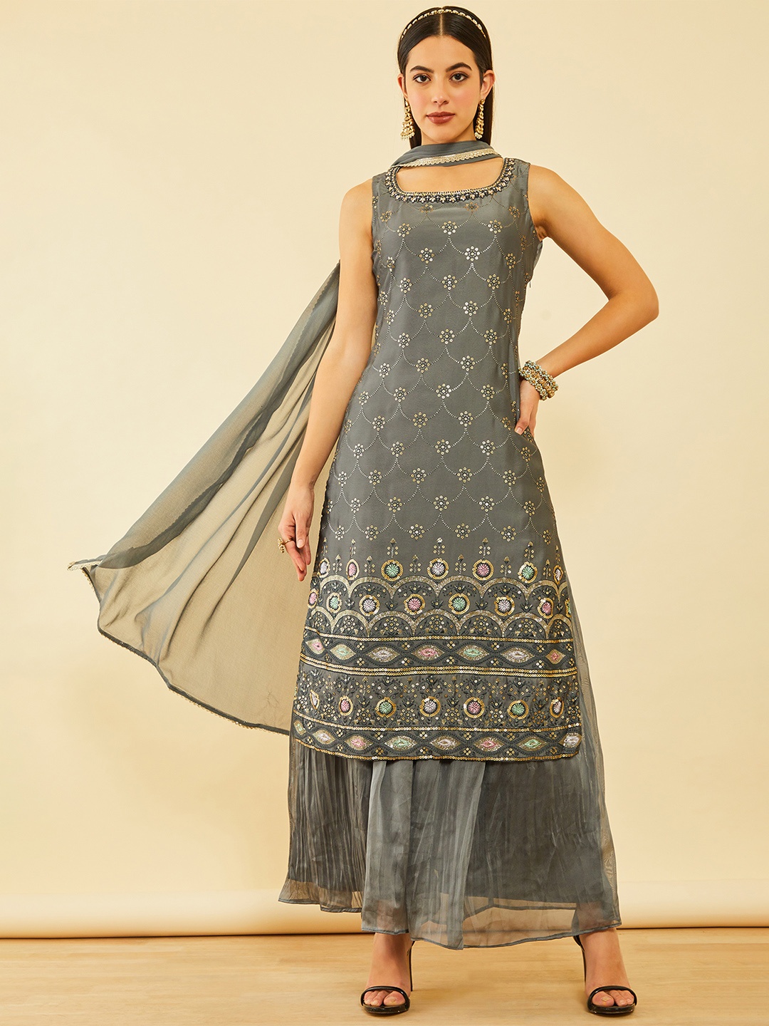Soch Ethnic Motifs Embroidered Regular Sequinned Kurta with Palazzos & Dupatta, Grey
Soch Ethnic Motifs Embroidered Regular Sequinned Kurta with Palazzos & Dupatta, Grey