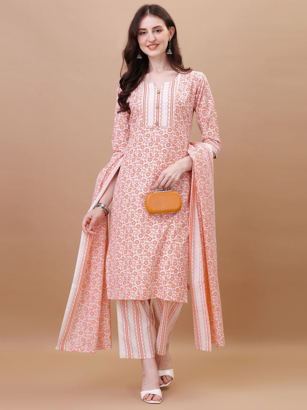 CANIZZARO Floral Woven Design Notched Neck Cotton Straight Kurta with Trousers Dupatta, Orange
CANIZZARO Floral Woven Design Notched Neck Cotton Straight Kurta with Trousers Dupatta, Orange