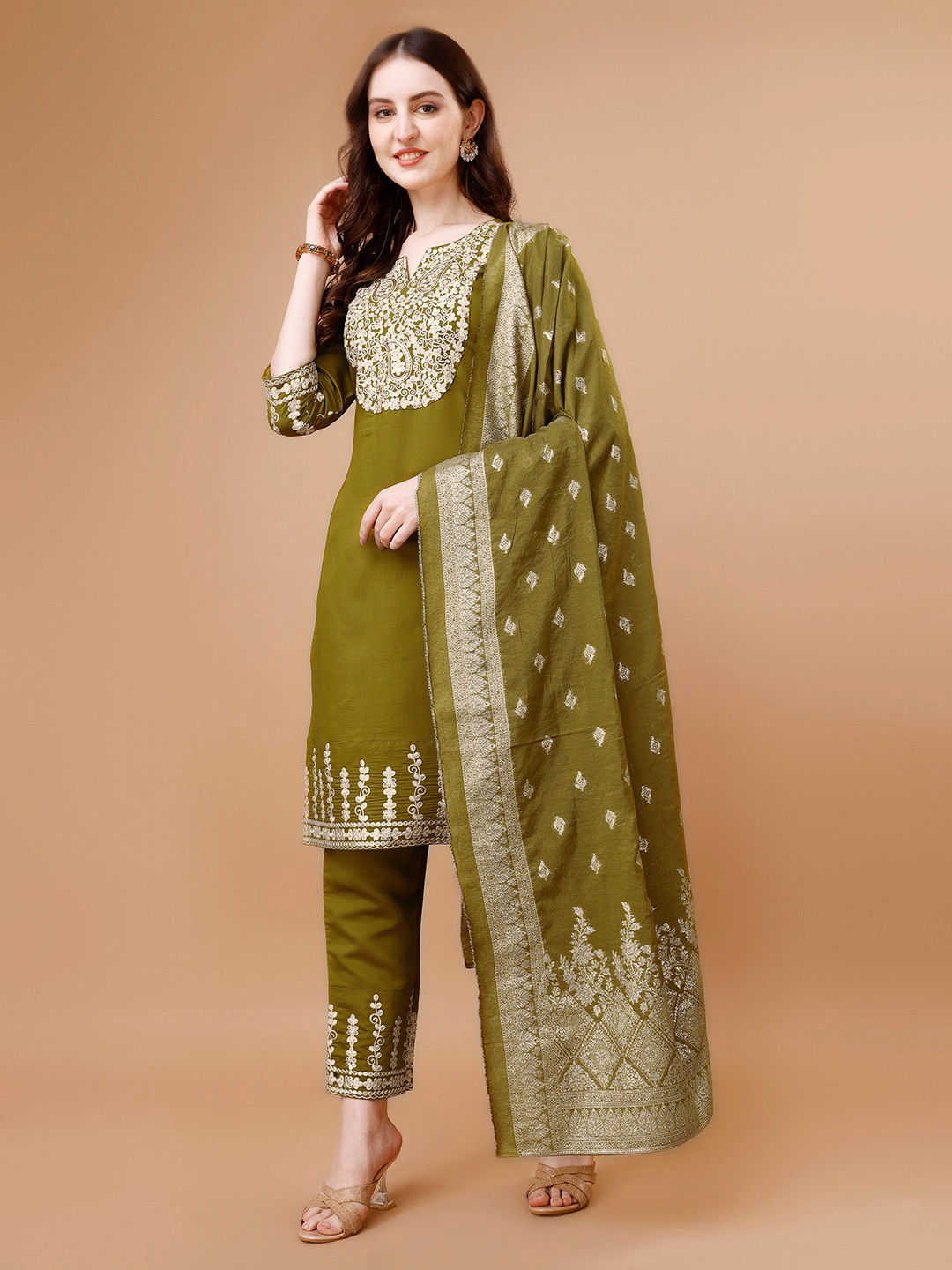 KALINI Ethnic Motifs Yoke Design V Neck Thread Work Kurta with Palazzos & With Dupatta, Olive
KALINI Ethnic Motifs Yoke Design V Neck Thread Work Kurta with Palazzos & With Dupatta, Olive